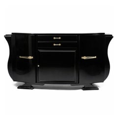 French Art Deco Black Lacquer Sideboard with Chrome Hardware, 20th Century