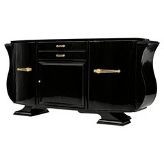 French Art Deco Black Lacquer Sideboard with Chrome Hardware, 20th Century