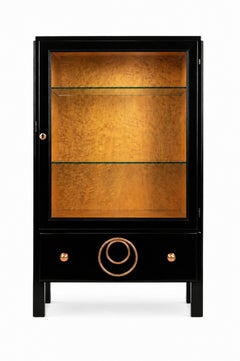 French Art Deco Black Lacquer Vitrine Cabinet with Burl Wood Interior and Glass