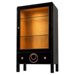 French Art Deco Black Lacquer Vitrine Cabinet with Burl Wood Interior and Glass