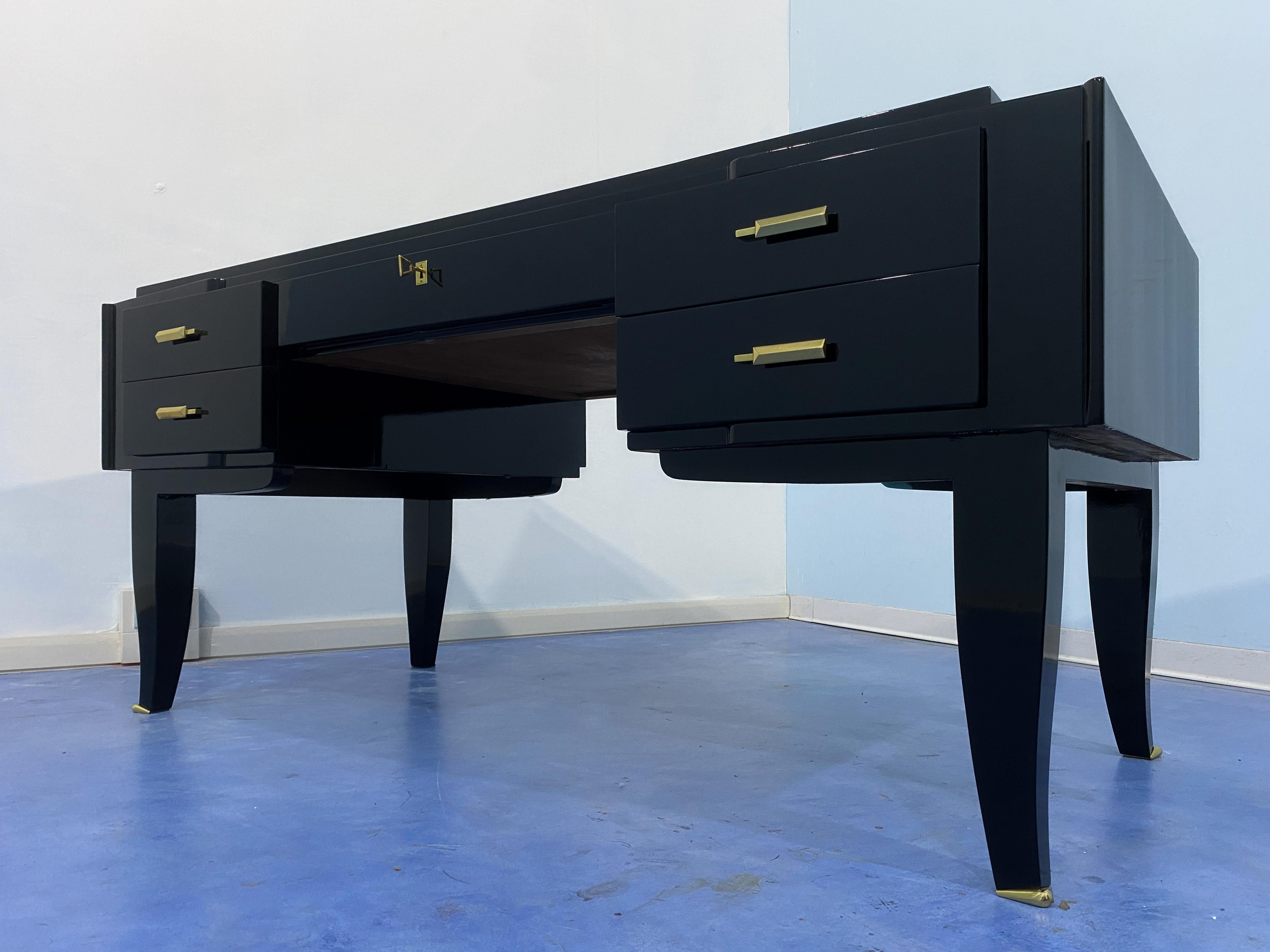 Brass French Art Deco Black Lacquered Executive Desk, 1930s For Sale