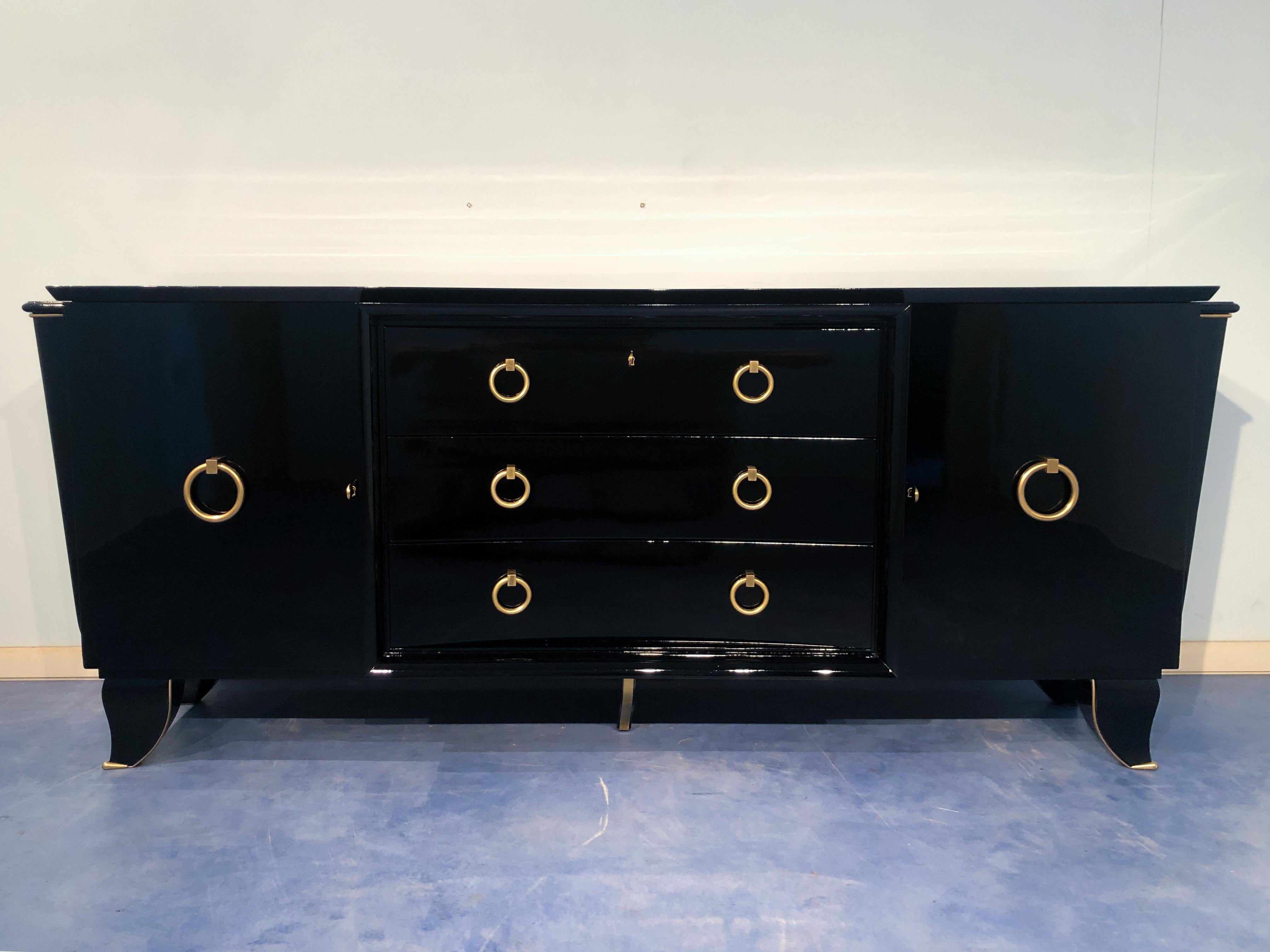 Mid-20th Century French Art Deco Black Lacquered Mahogany Sideboard, 1940s