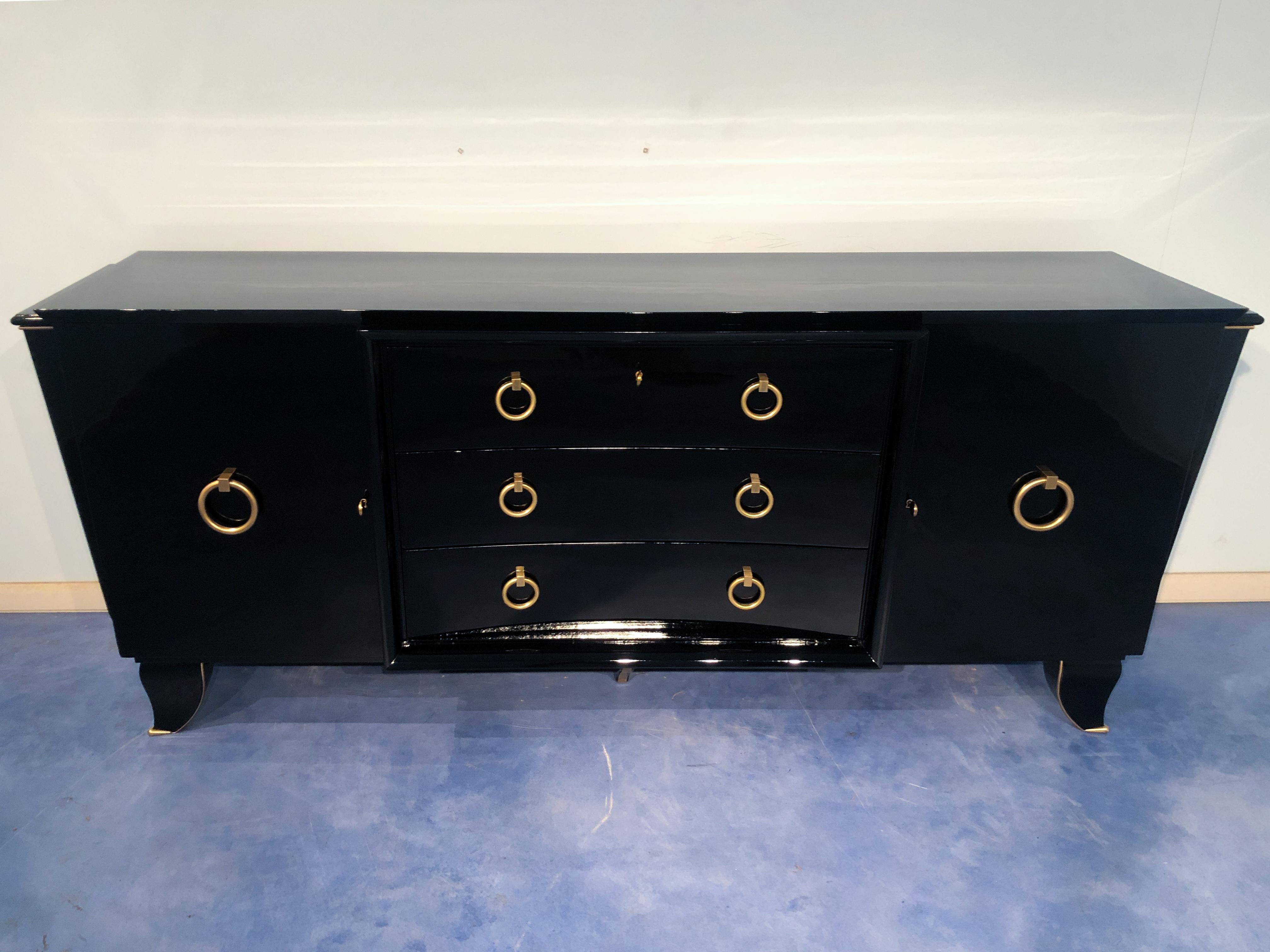 Brass French Art Deco Black Lacquered Mahogany Sideboard, 1940s