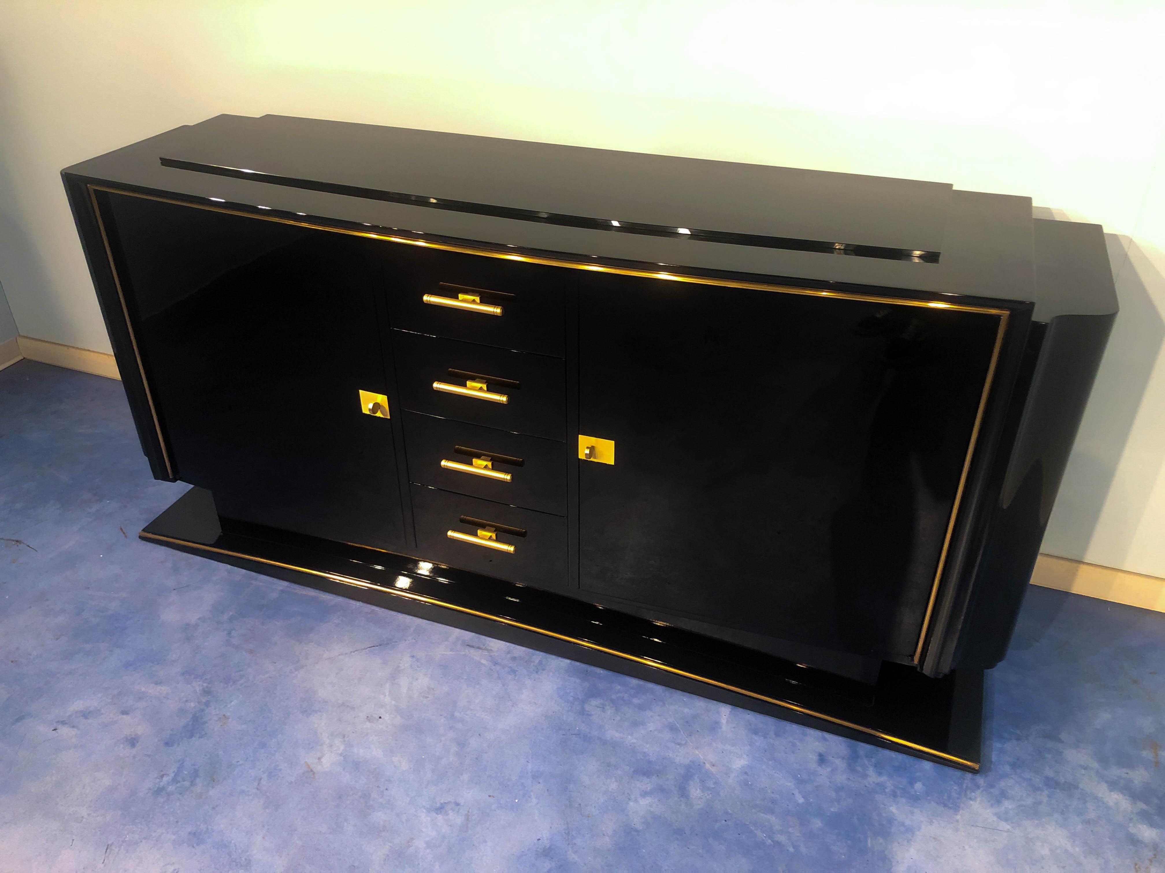 Mahogany French Art Deco Black Lacquered Sideboard Cabinet, 1940s
