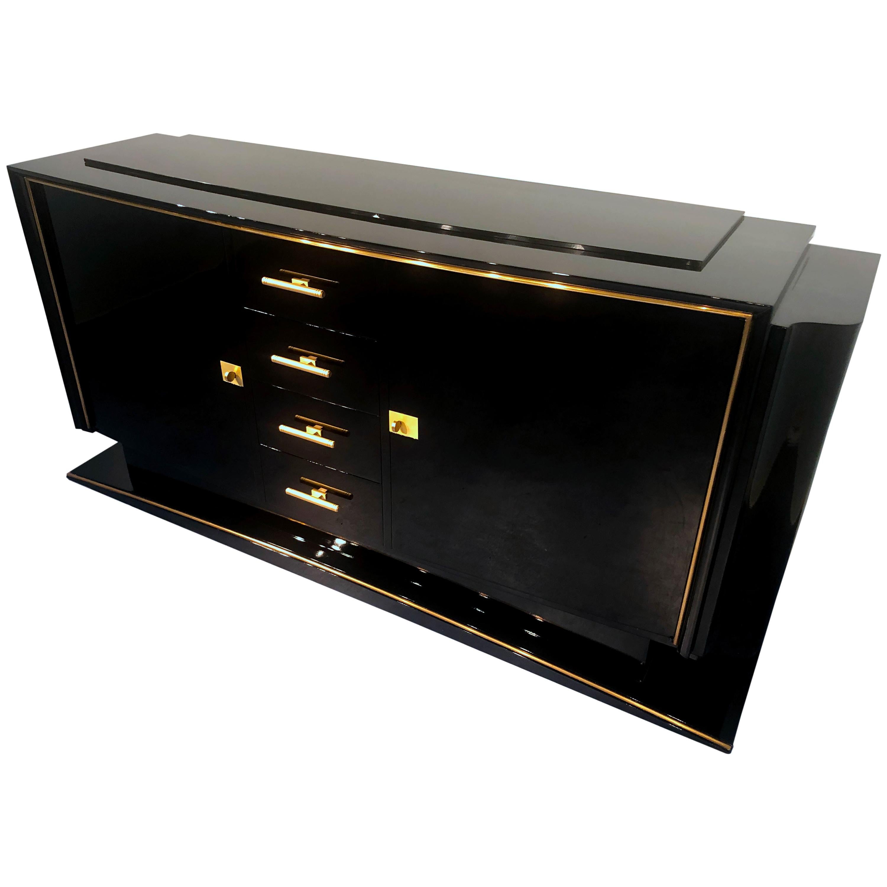 French Art Deco Black Lacquered Sideboard Cabinet, 1940s