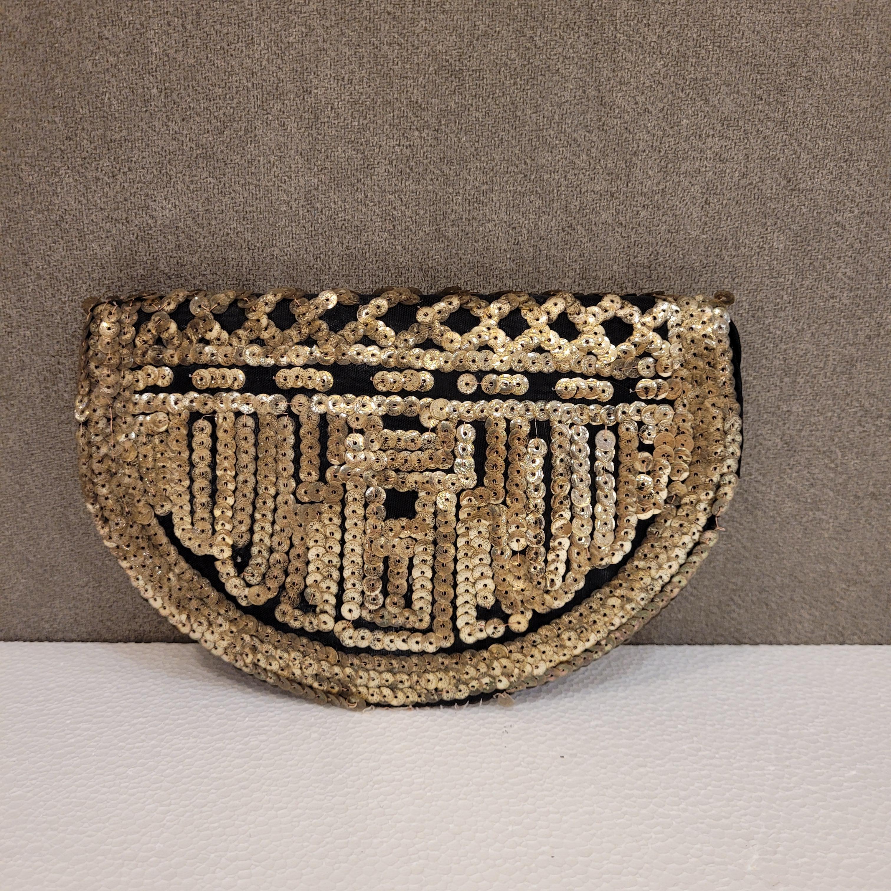 French Art Deco black Sequin Clutch Bag  with mirror France For Sale 9