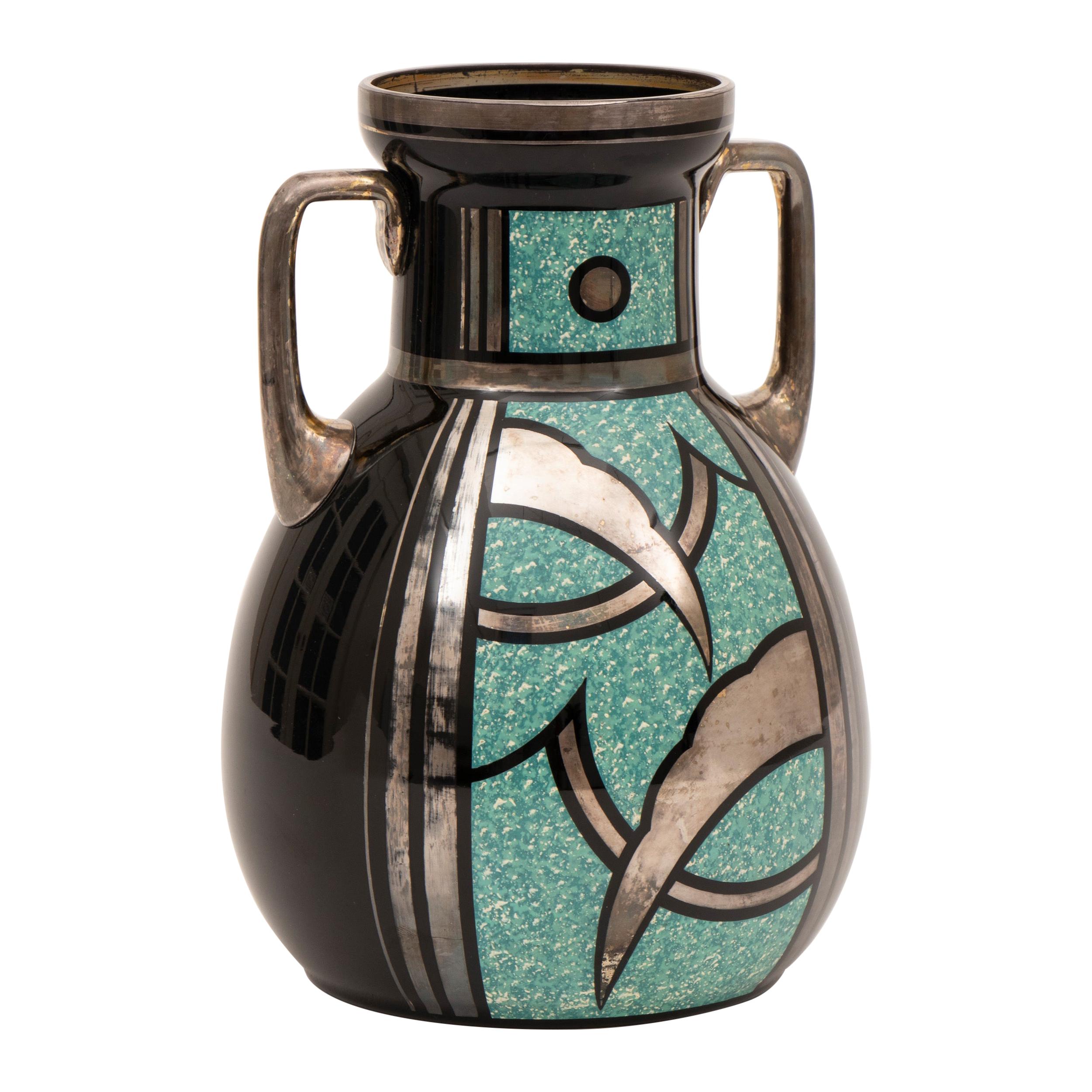 French Art Deco Black and Turquoise Glass Vase by HEM Michel Herman