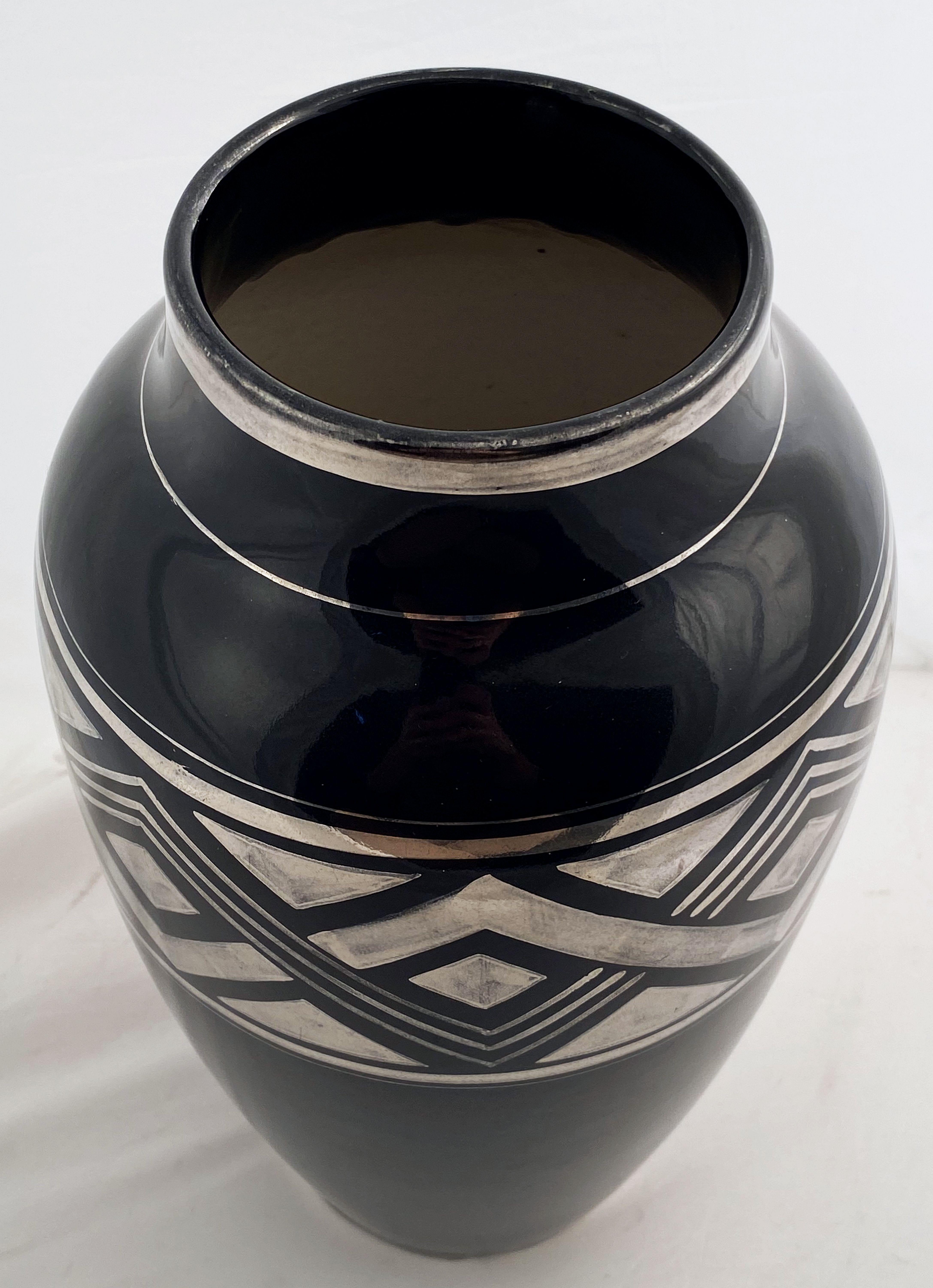 French Art Deco Black Vase with Geometric Pattern in Silver - Two Available For Sale 1