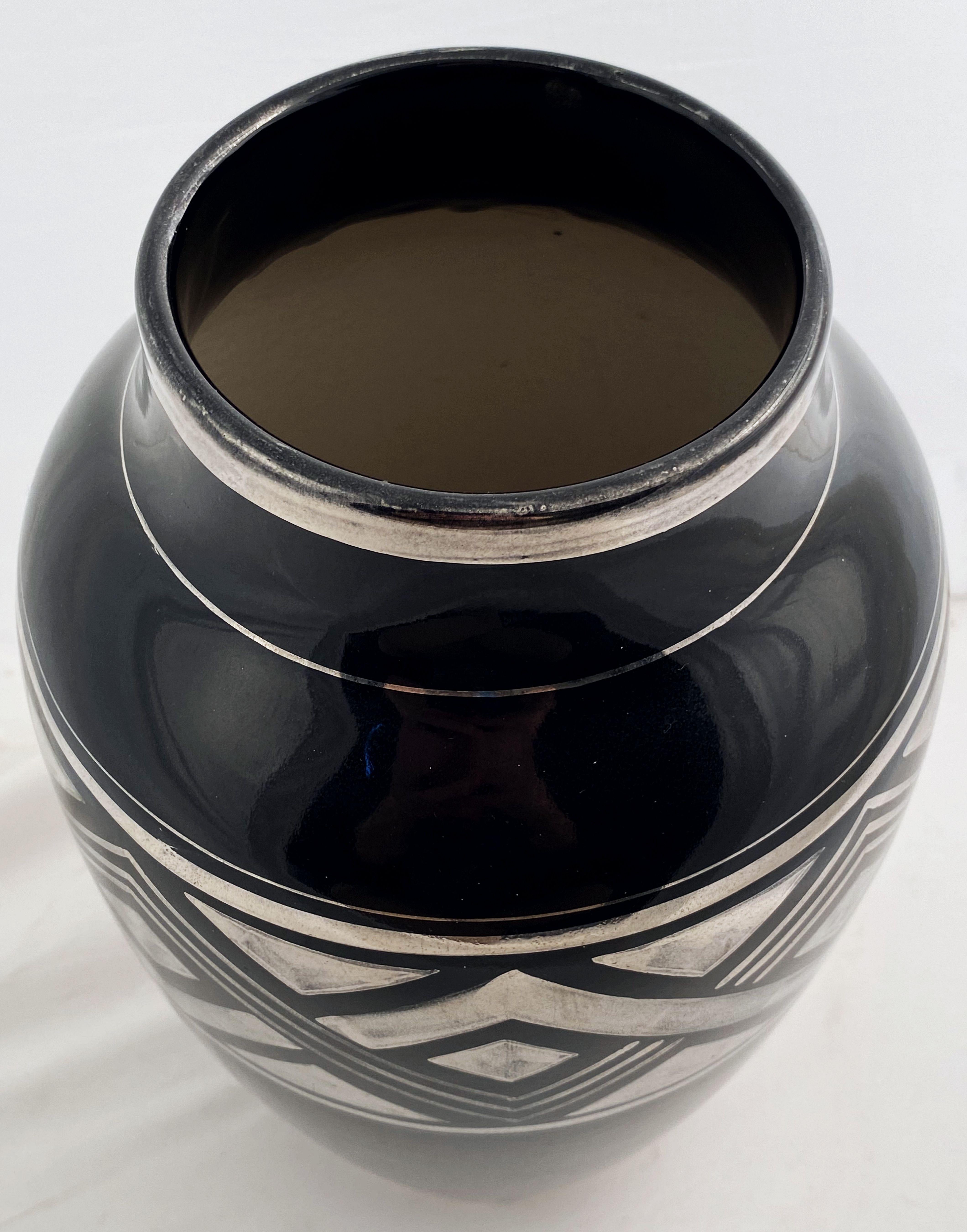 French Art Deco Black Vase with Geometric Pattern in Silver - Two Available For Sale 2