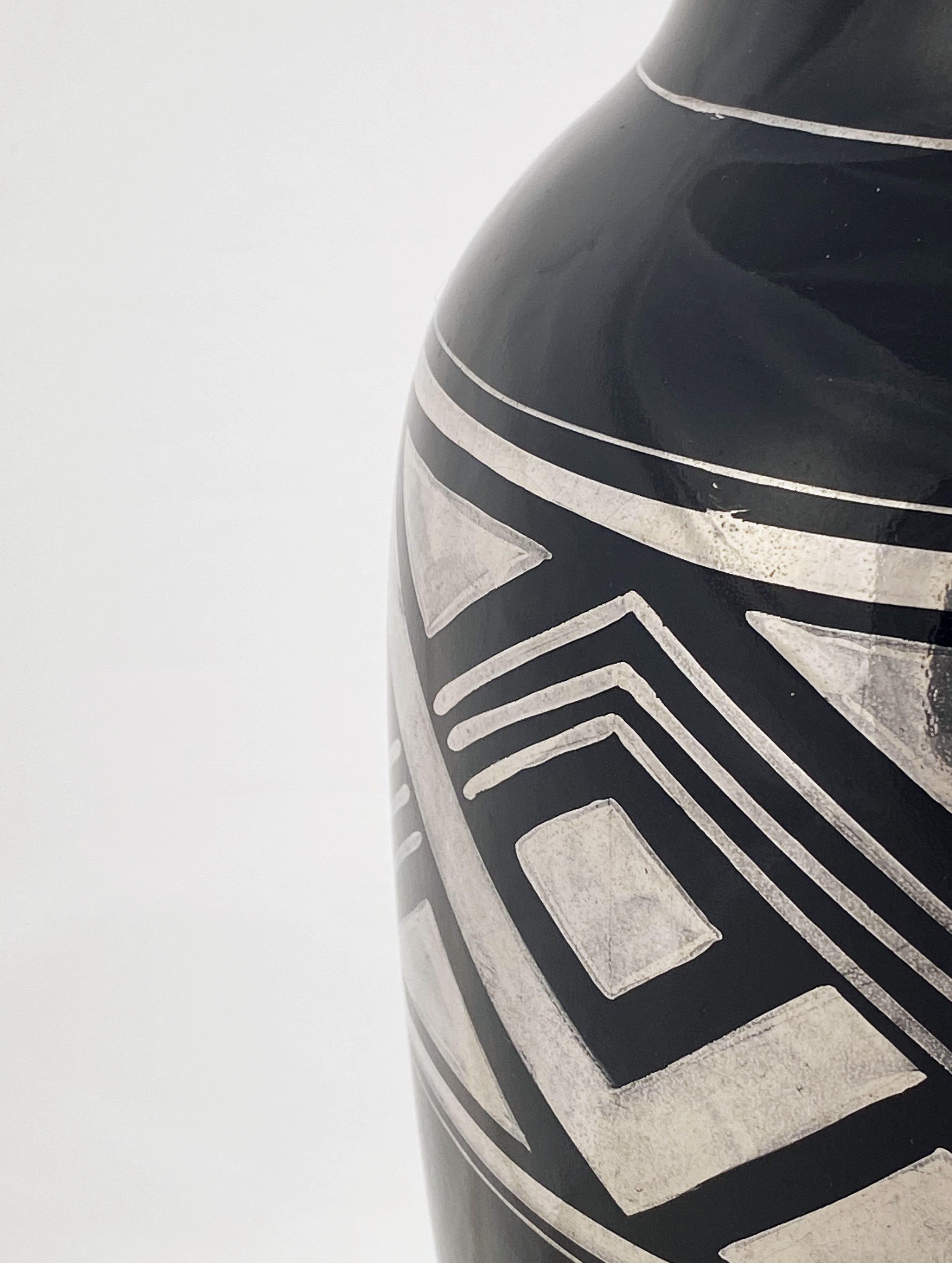 French Art Deco Black Vase with Geometric Pattern in Silver - Two Available For Sale 6