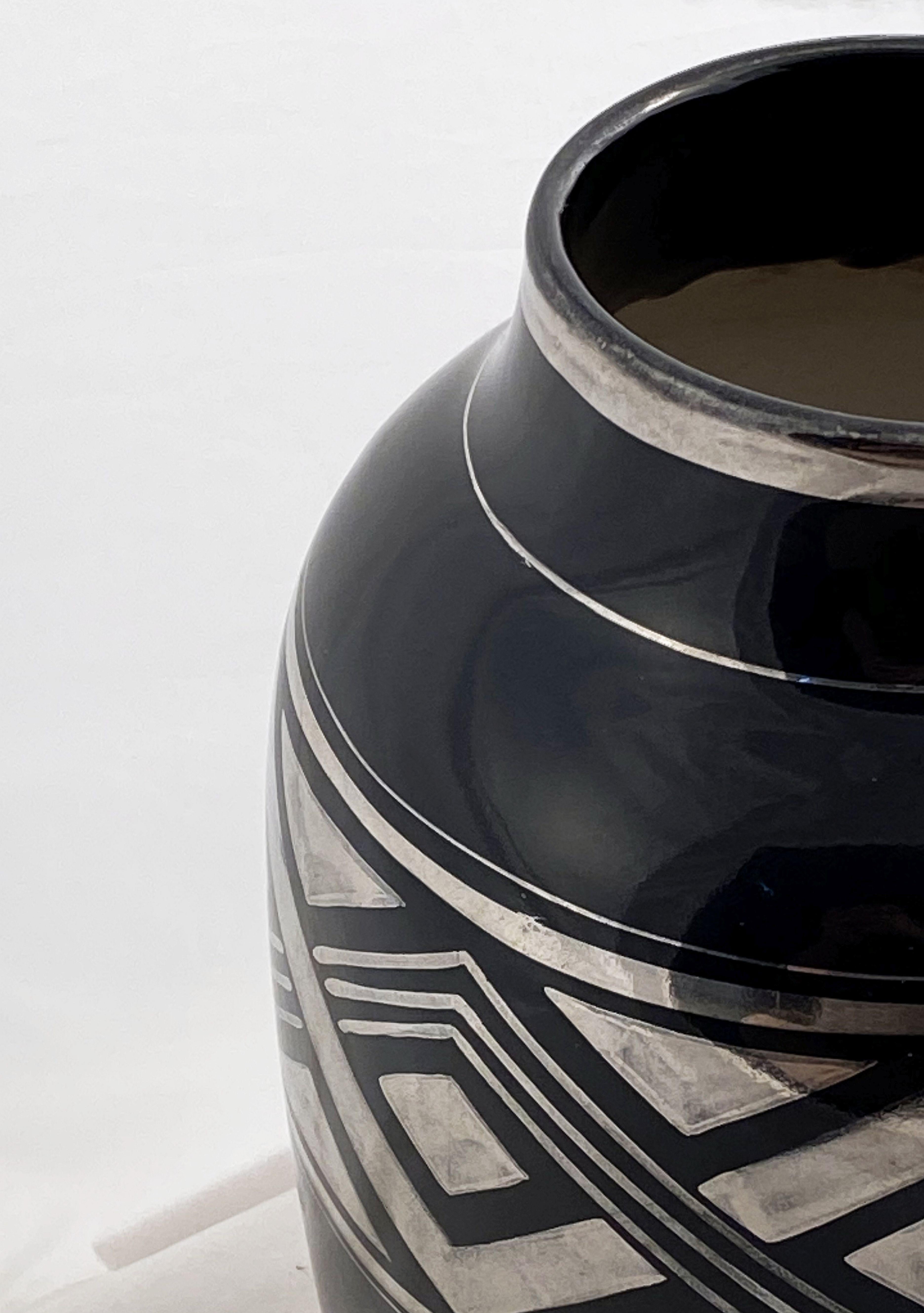 Glazed French Art Deco Black Vase with Geometric Pattern in Silver - Two Available For Sale