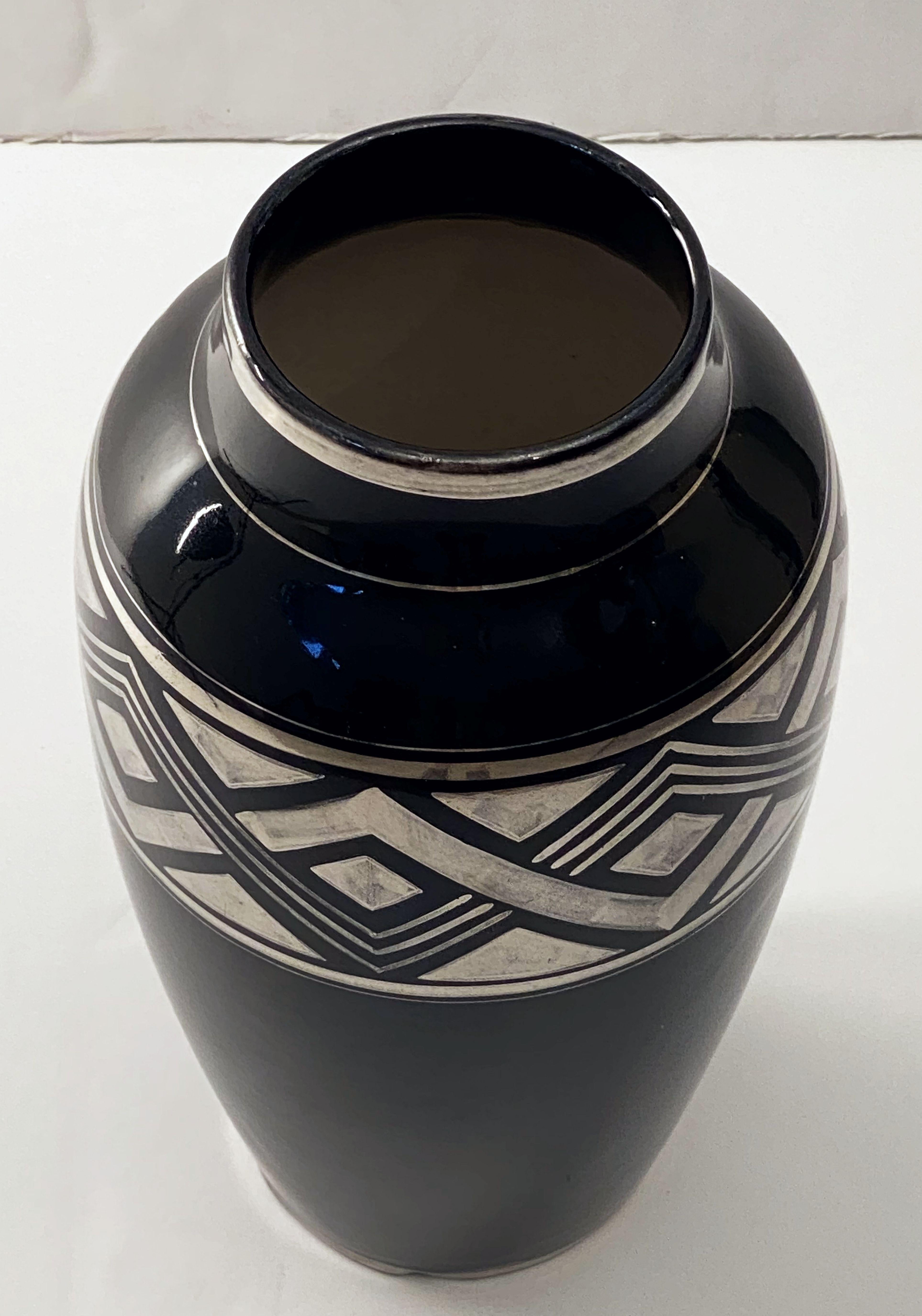 Ceramic French Art Deco Black Vase with Geometric Pattern in Silver - Two Available For Sale