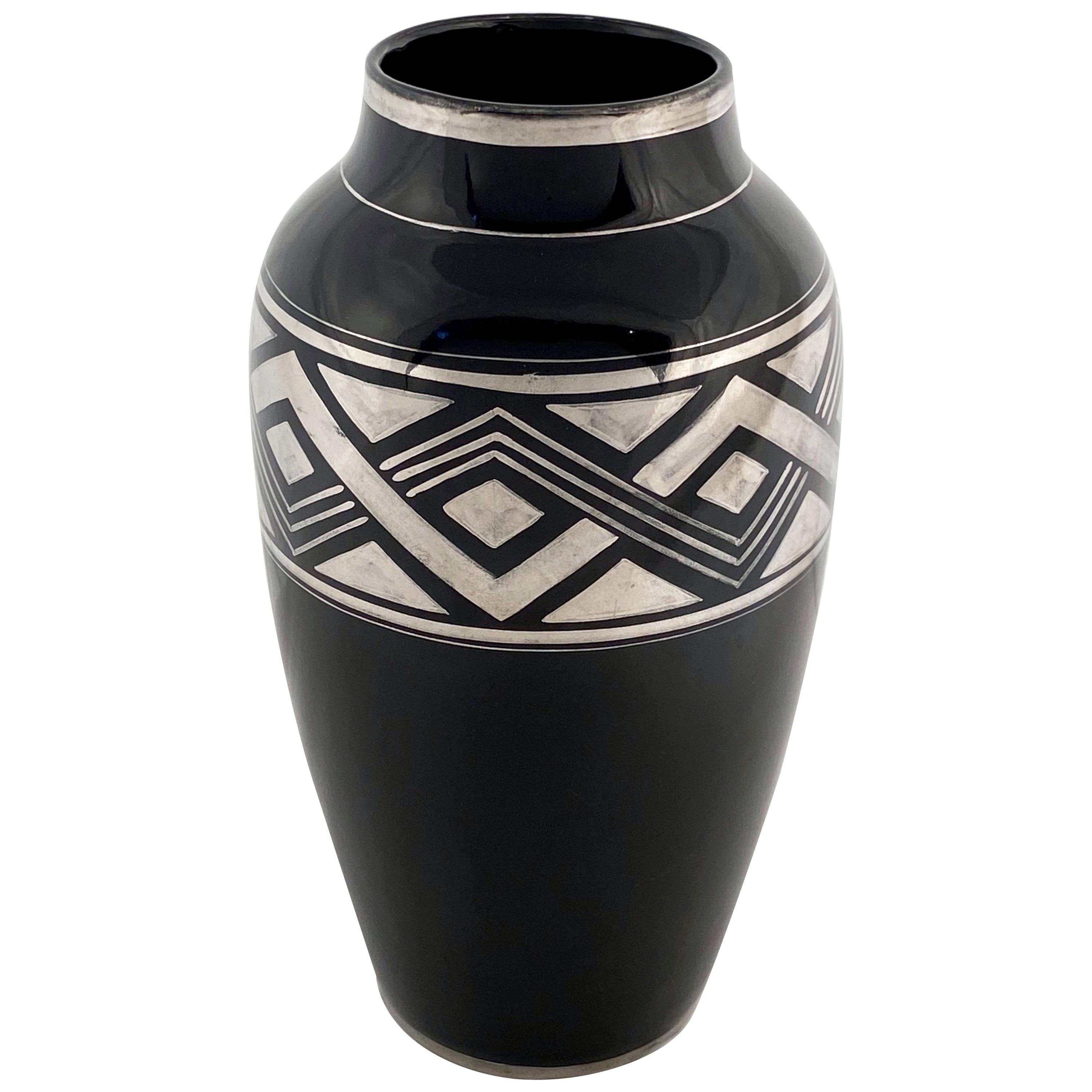 French Art Deco Black Vase with Geometric Pattern in Silver - Two Available For Sale