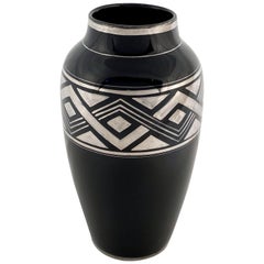 French Art Deco Black Vase with Geometric Pattern in Silver