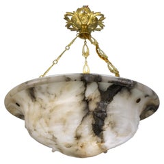 French Art Deco Black-Veined Alabaster and Bronze Pendant Light, ca 1930s