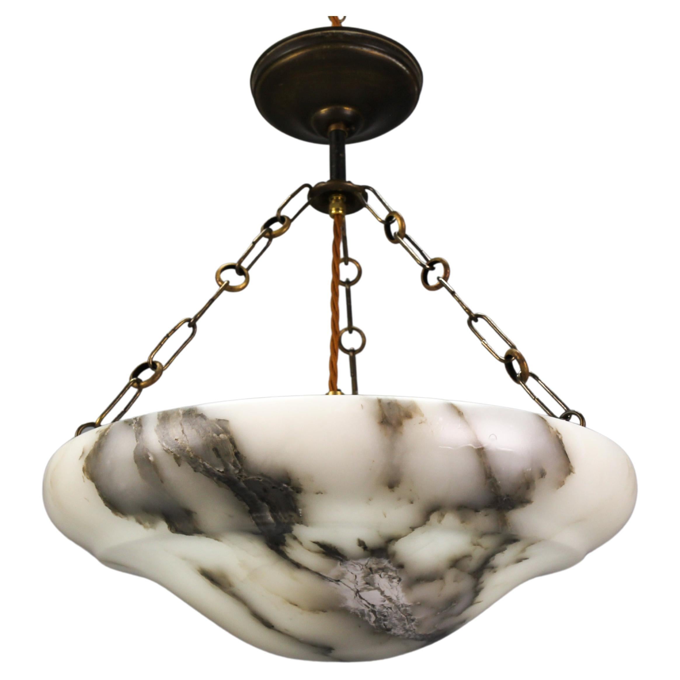 French Art Deco Black Veined White Alabaster and Brass Pendant Light, ca 1920