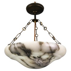Used French Art Deco Black Veined White Alabaster and Brass Pendant Light, ca 1920