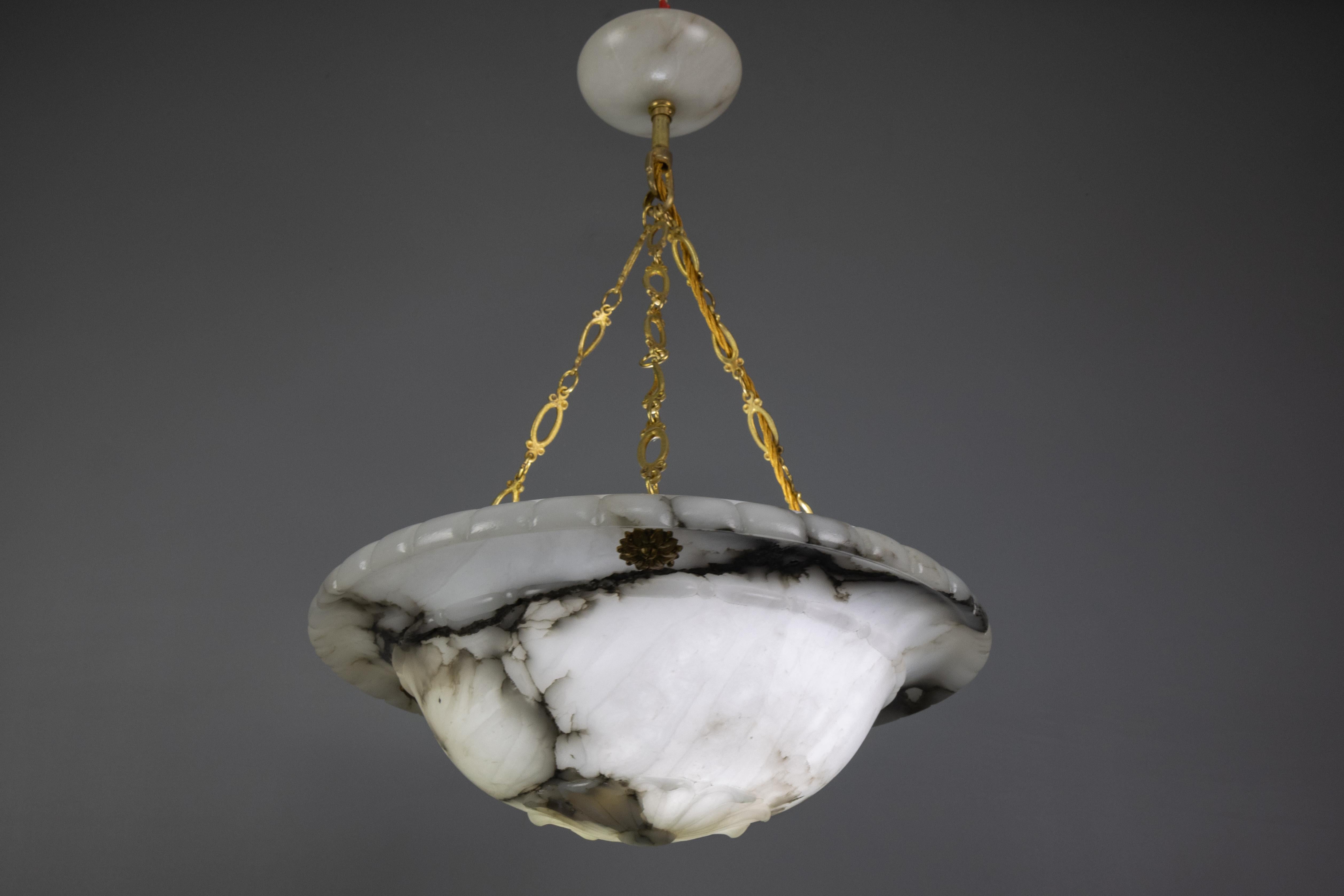 French Art Deco Black-Veined White Alabaster and Brass Pendant Light, ca 1920s For Sale 8