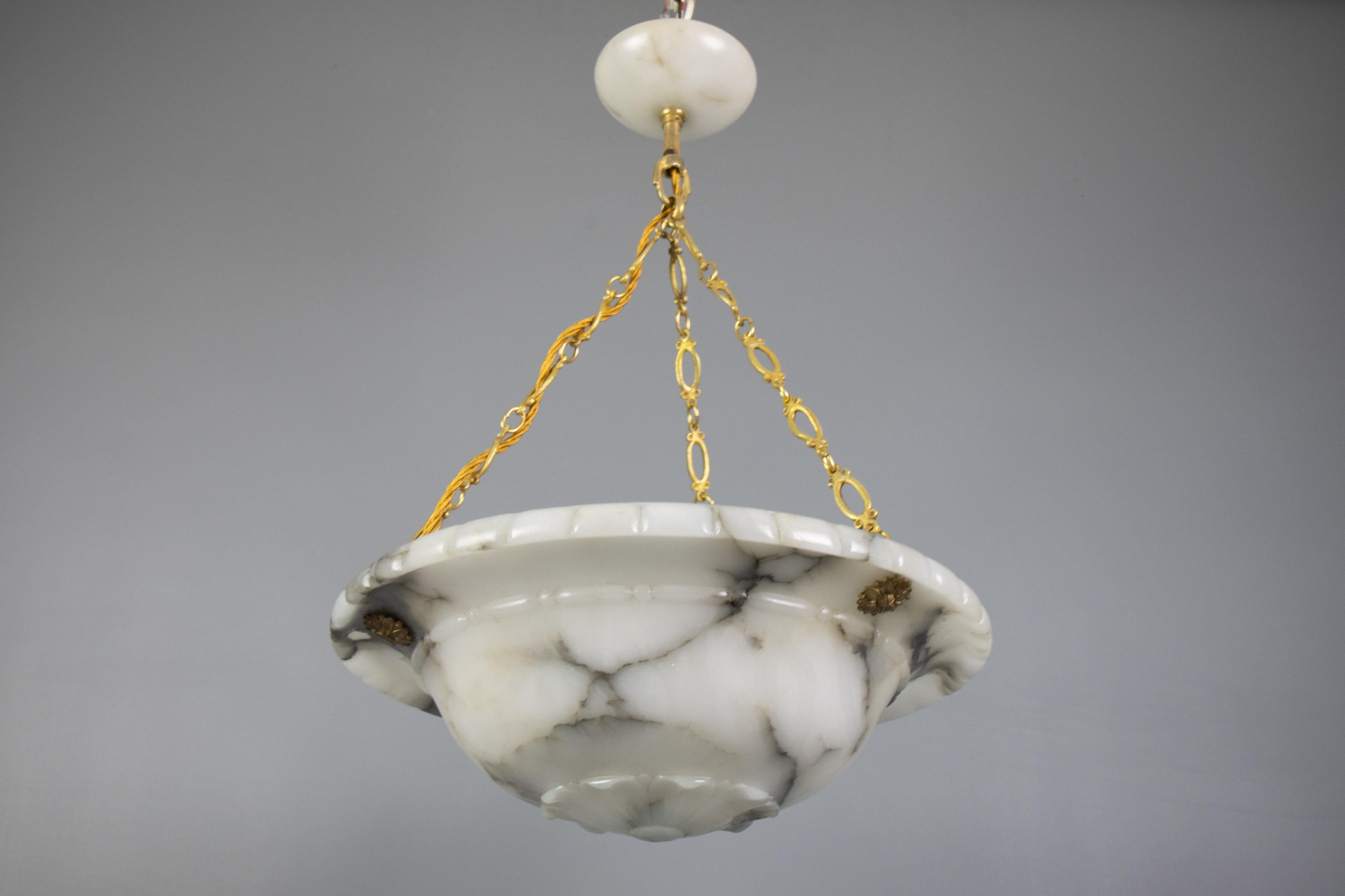 French Art Deco Black-Veined White Alabaster and Brass Pendant Light, ca 1920s For Sale 11