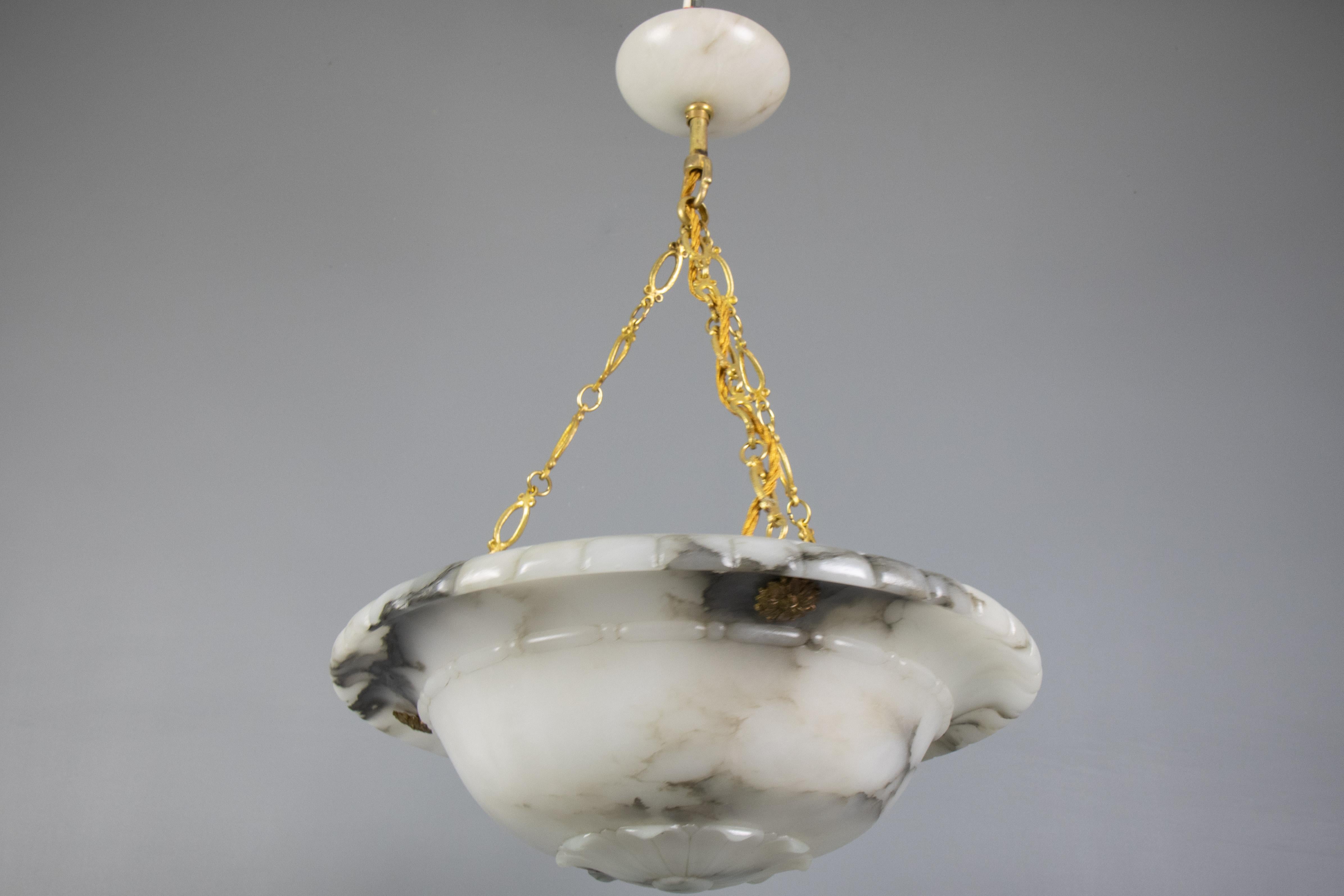 French Art Deco Black-Veined White Alabaster and Brass Pendant Light, ca 1920s For Sale 12