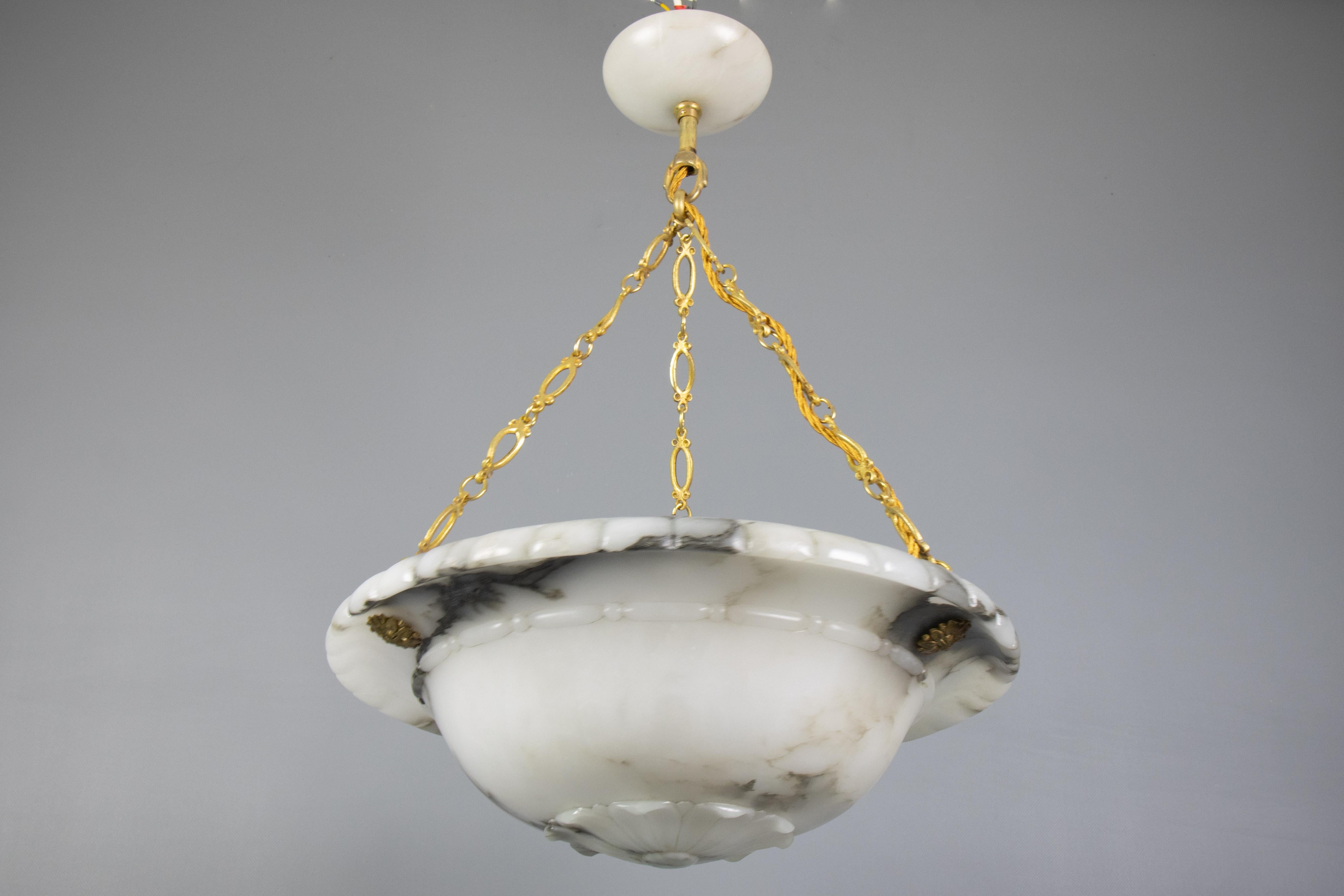French Art Deco Black-Veined White Alabaster and Brass Pendant Light, ca 1920s For Sale 14