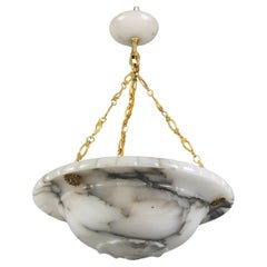 Antique French Art Deco Black-Veined White Alabaster and Brass Pendant Light, ca 1920s