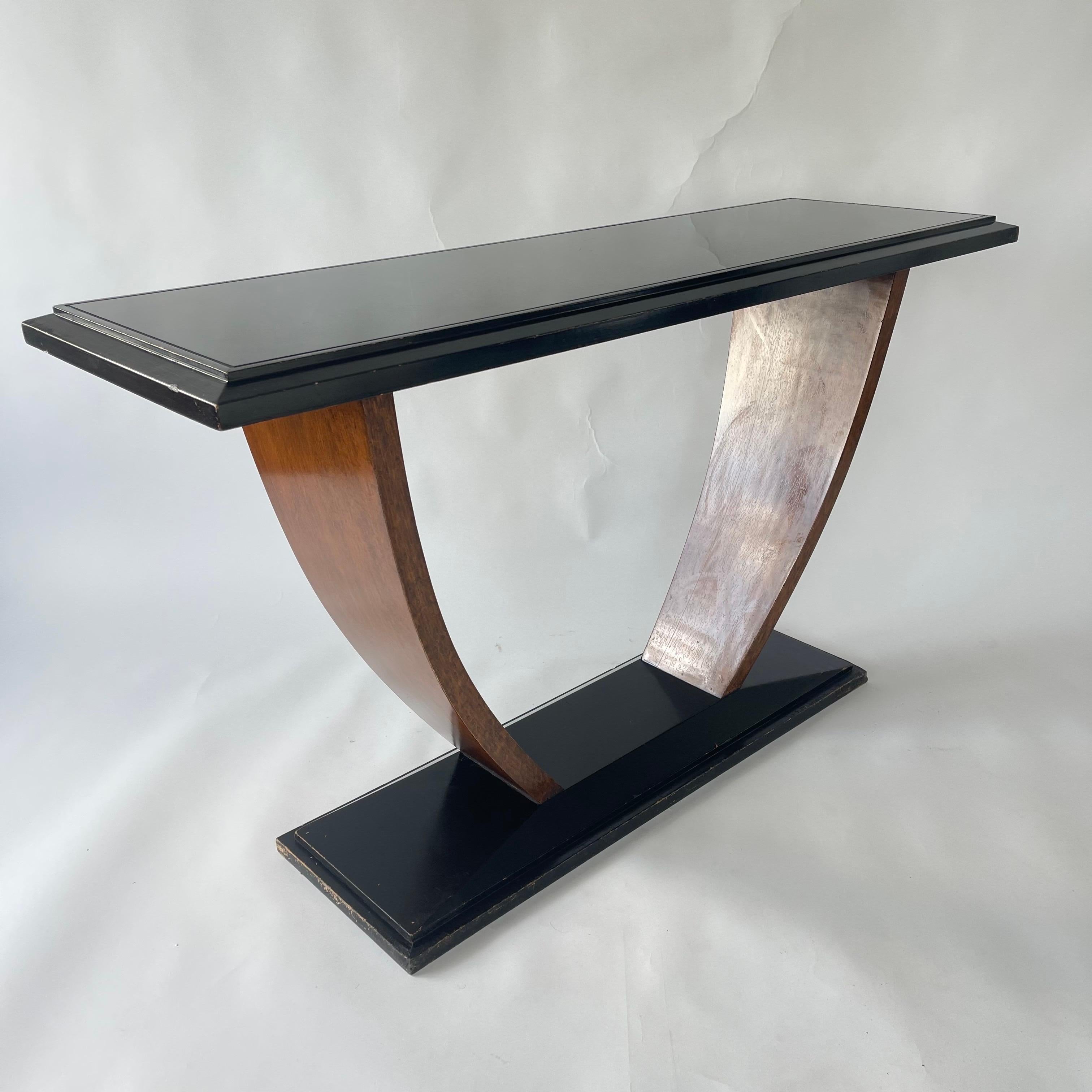 Painted French Art Deco Black Walnut and Glass Console Table, France, 1930s For Sale