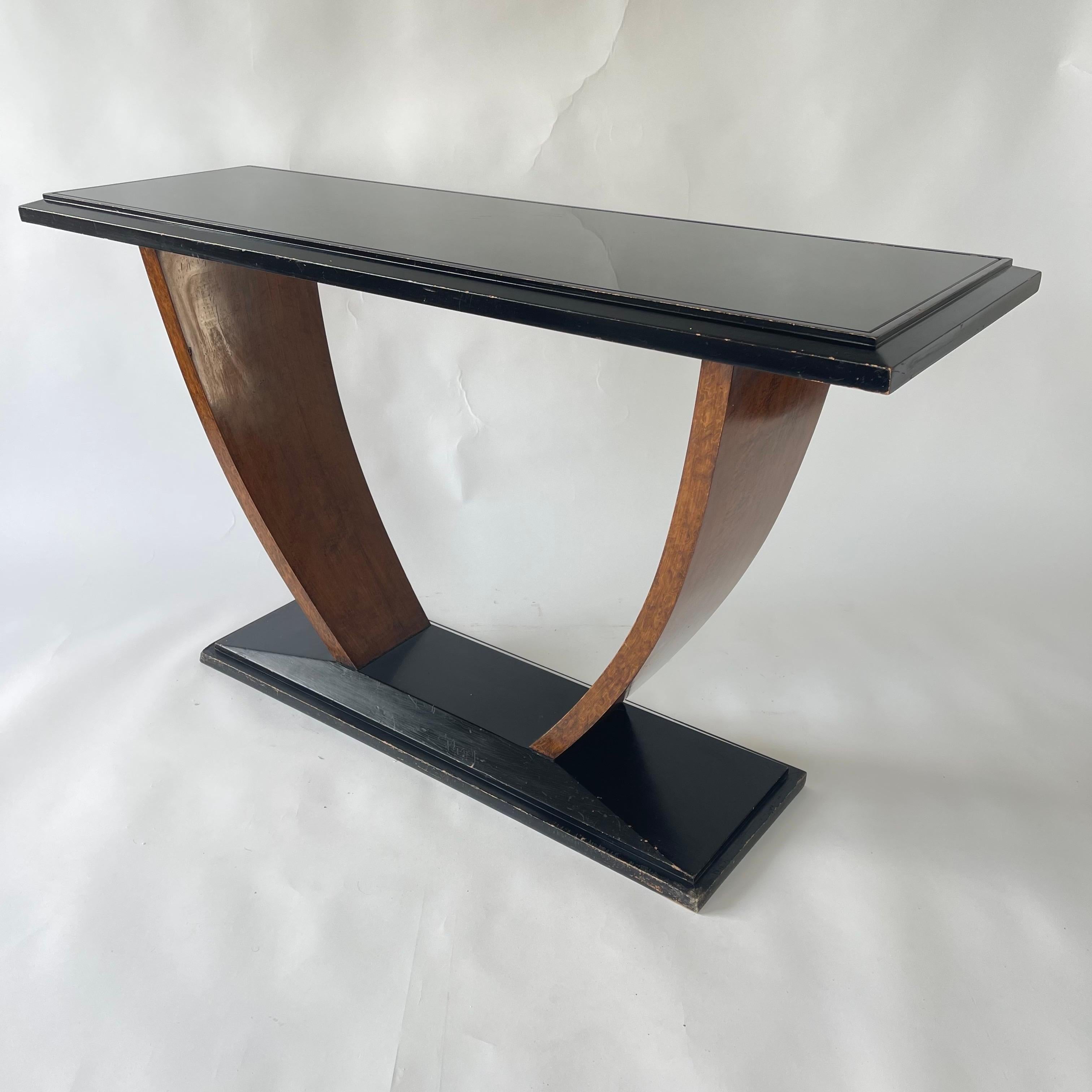 French Art Deco Black Walnut and Glass Console Table, France, 1930s For Sale 1