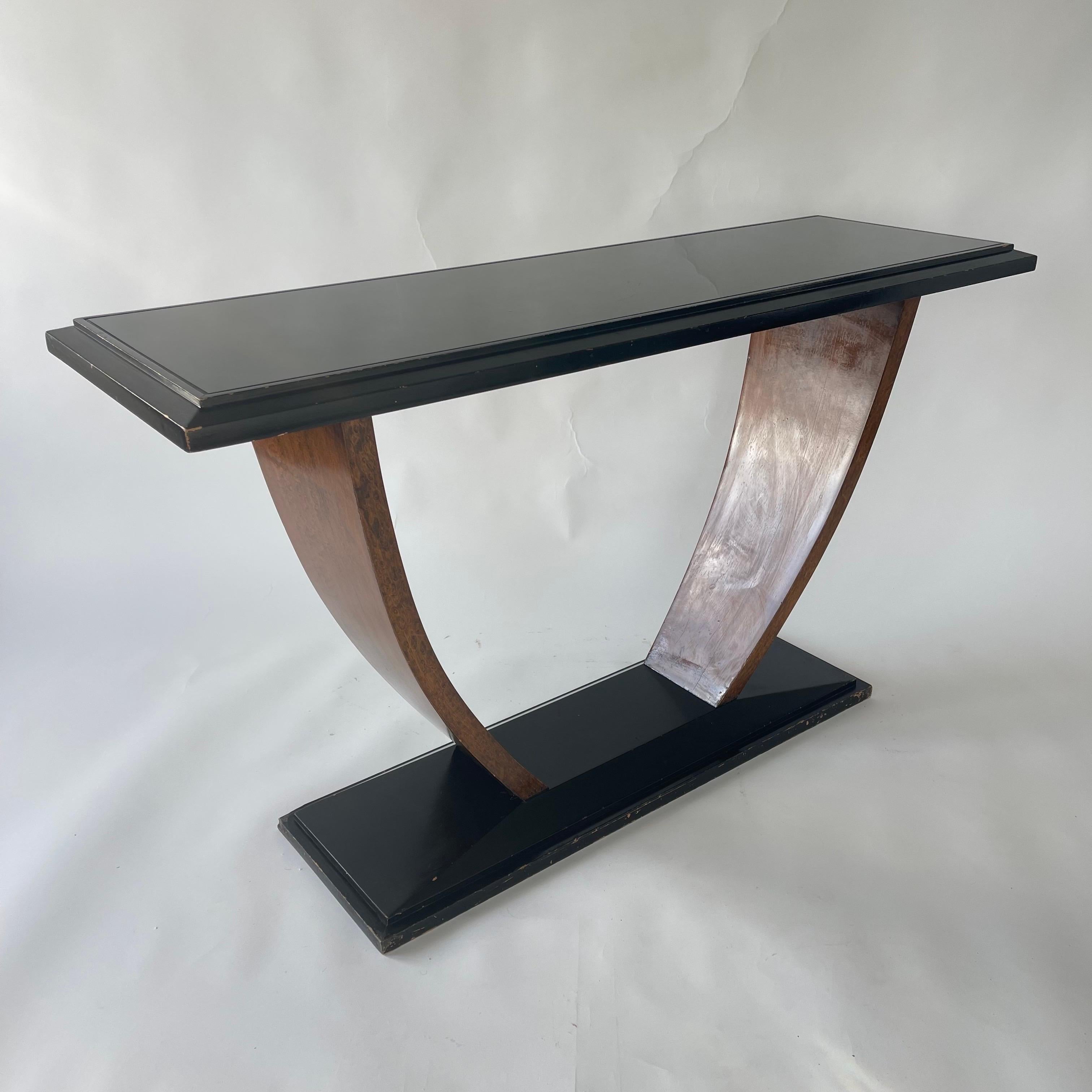 French Art Deco Black Walnut and Glass Console Table, France, 1930s For Sale 2