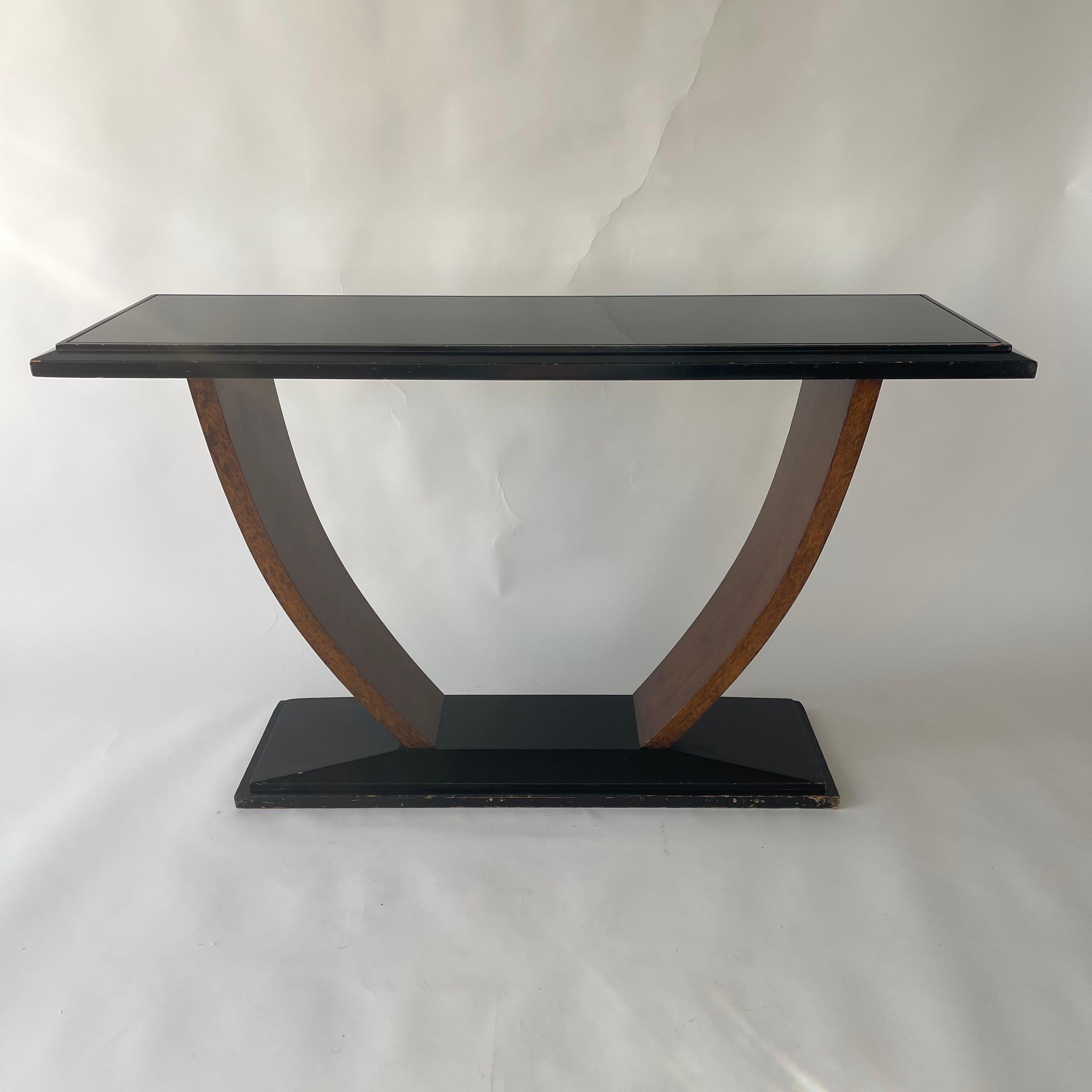 French Art Deco Black Walnut and Glass Console Table, France, 1930s For Sale 3