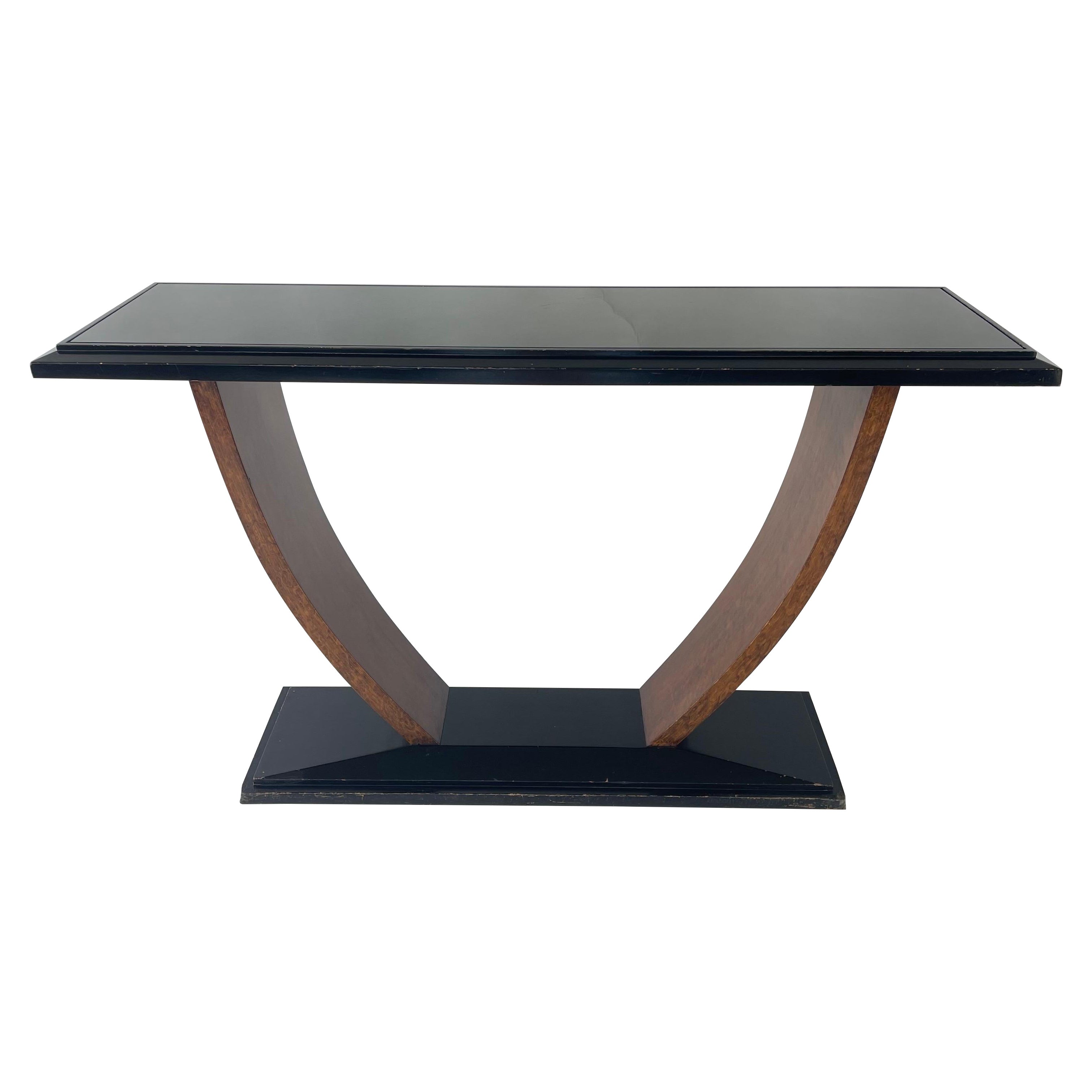 Console Art déco française en noyer noir et verre, France, années 1930