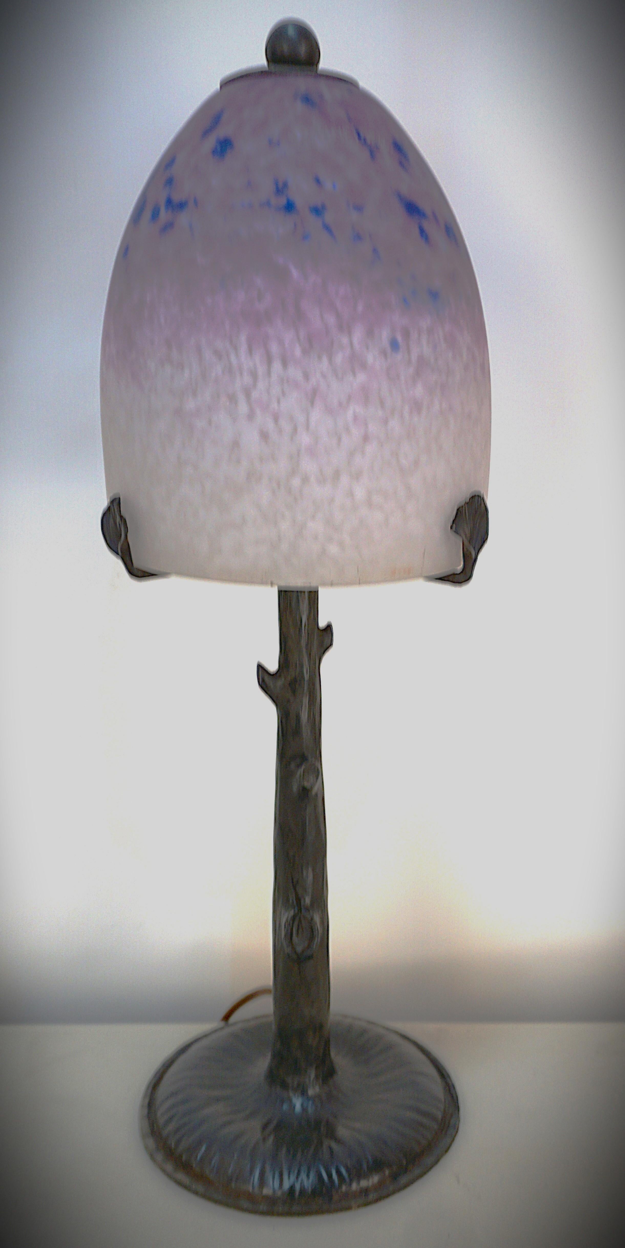 French Art Deco Blown Glass Wrought Iron Table Lamp by Charles Schneider 5