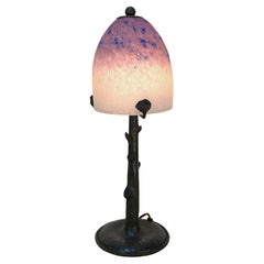 French Art Deco Blown Glass Wrought Iron Table Lamp by Charles Schneider