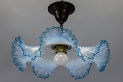 French Art Deco Blue and White Opalescent Ruffled Glass Ceiling Light, 1930s