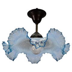 French Art Deco Blue and White Opalescent Ruffled Glass Ceiling Light, 1930s