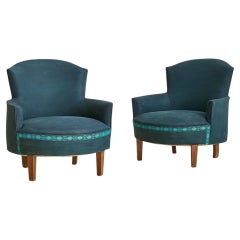 French Art Deco Blue Armchair with Wood Legs, 1940s - 2 Available