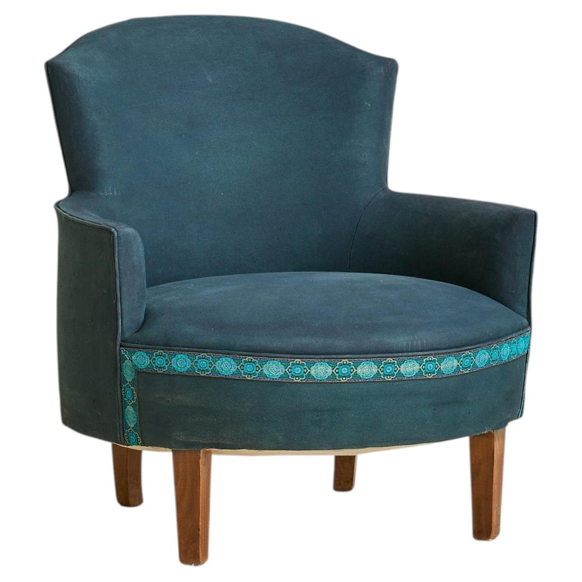 French Art Deco Blue Armchair with Wood Legs, 1940s - 2 Available