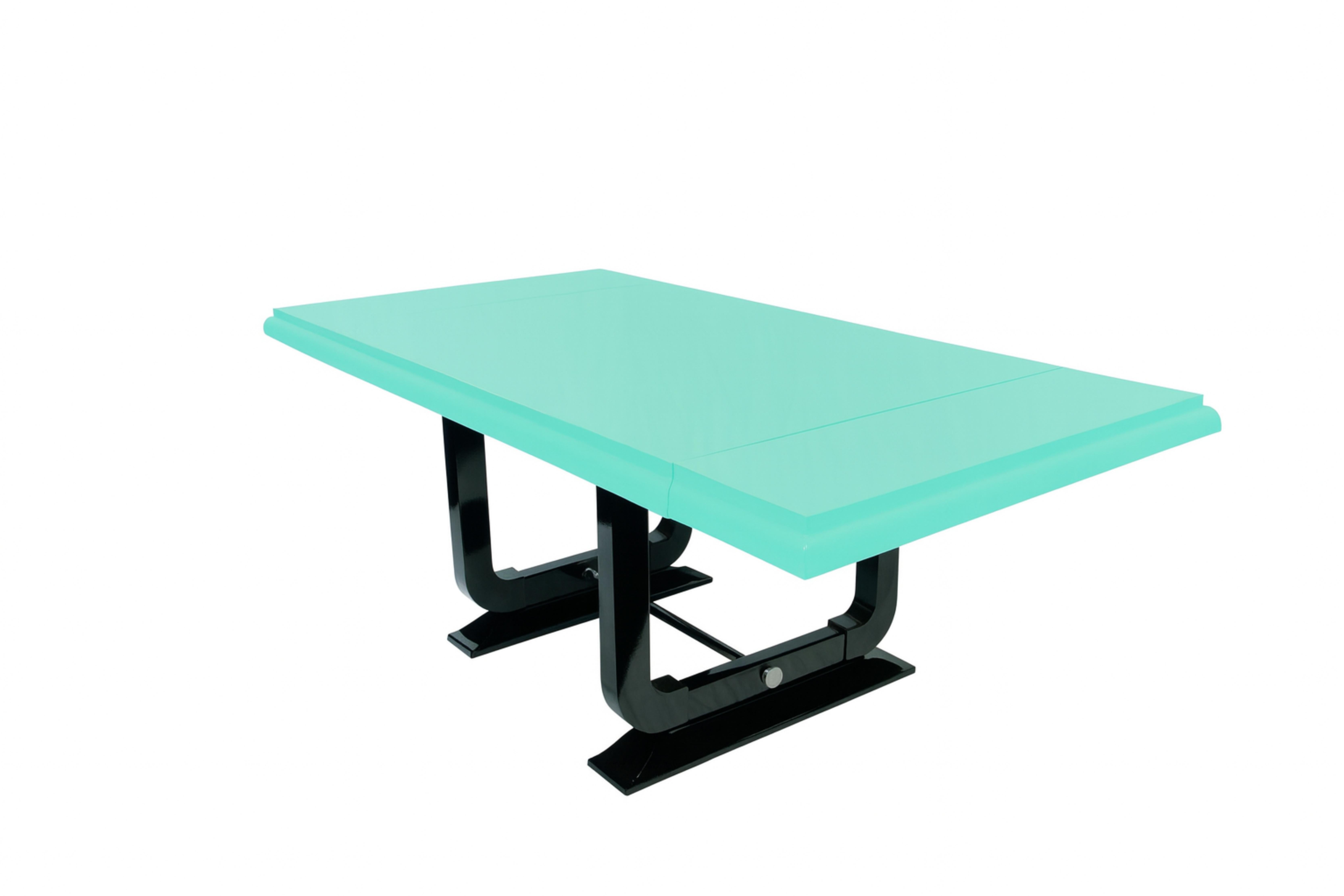 Ottone Tavolo da pranzo Art Deco francese con colore blu uovo nero laccato, anni '30 in vendita