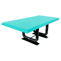 Französischer Art-Deco-Tisch mit blauem Ei und schwarzem Lack, 1930er Jahre