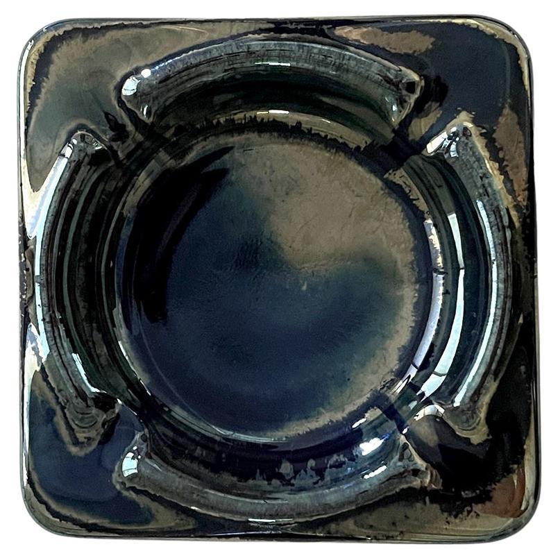 French Art Deco Blue Flamed Glass Stone Ashtray  For Sale
