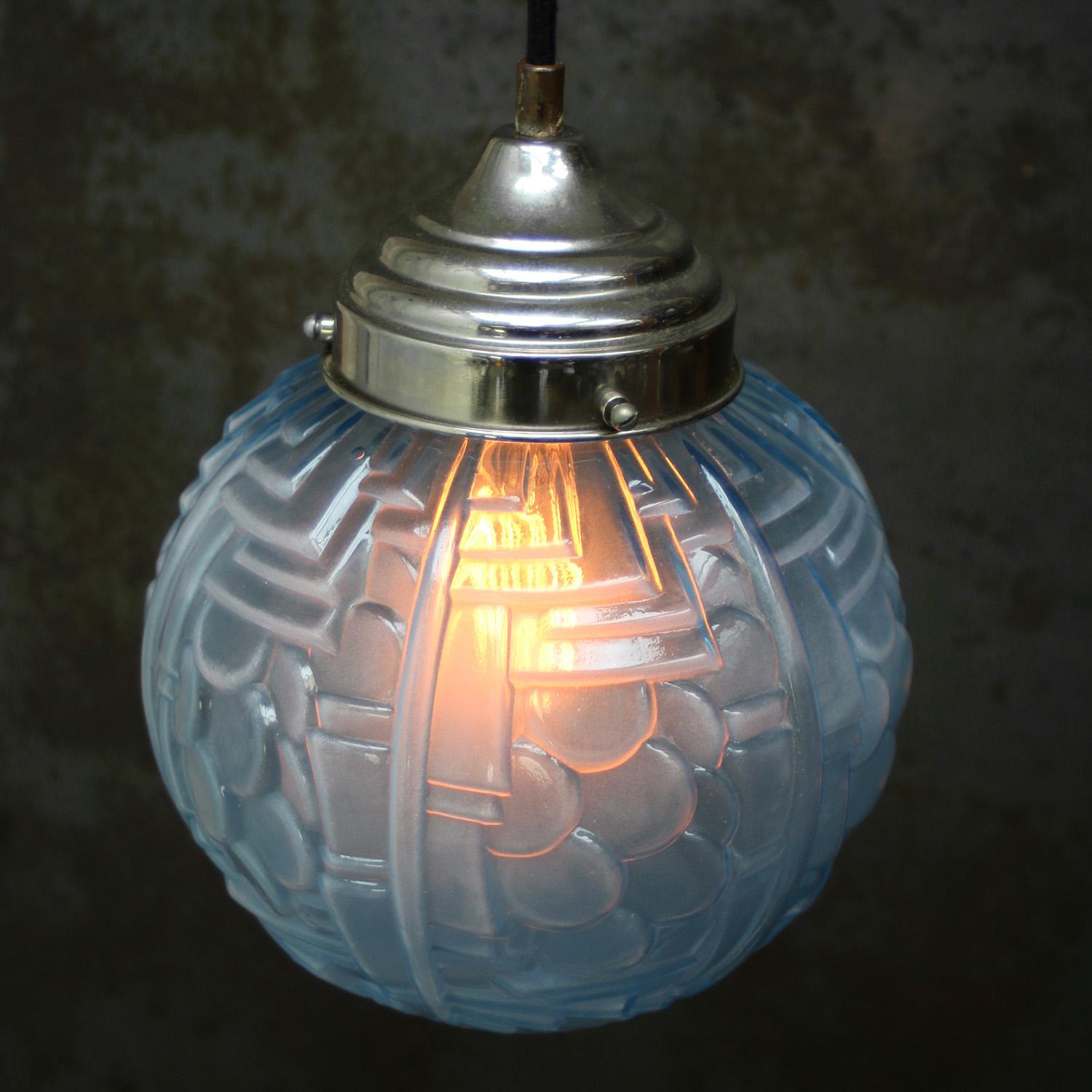 French Art Deco Blue Glass Pendant Light 1920s For Sale 1