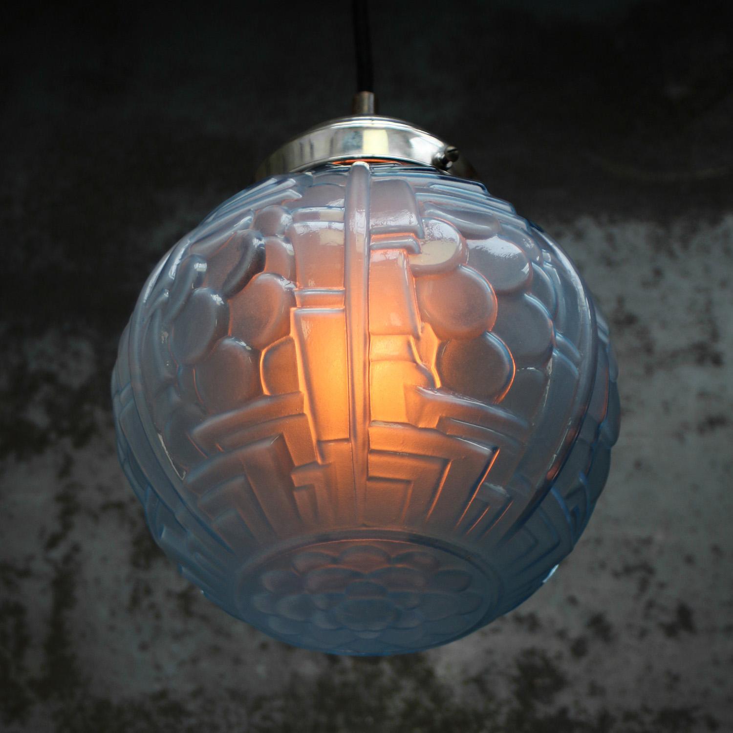 French Art Deco Blue Glass Pendant Light 1920s For Sale 2
