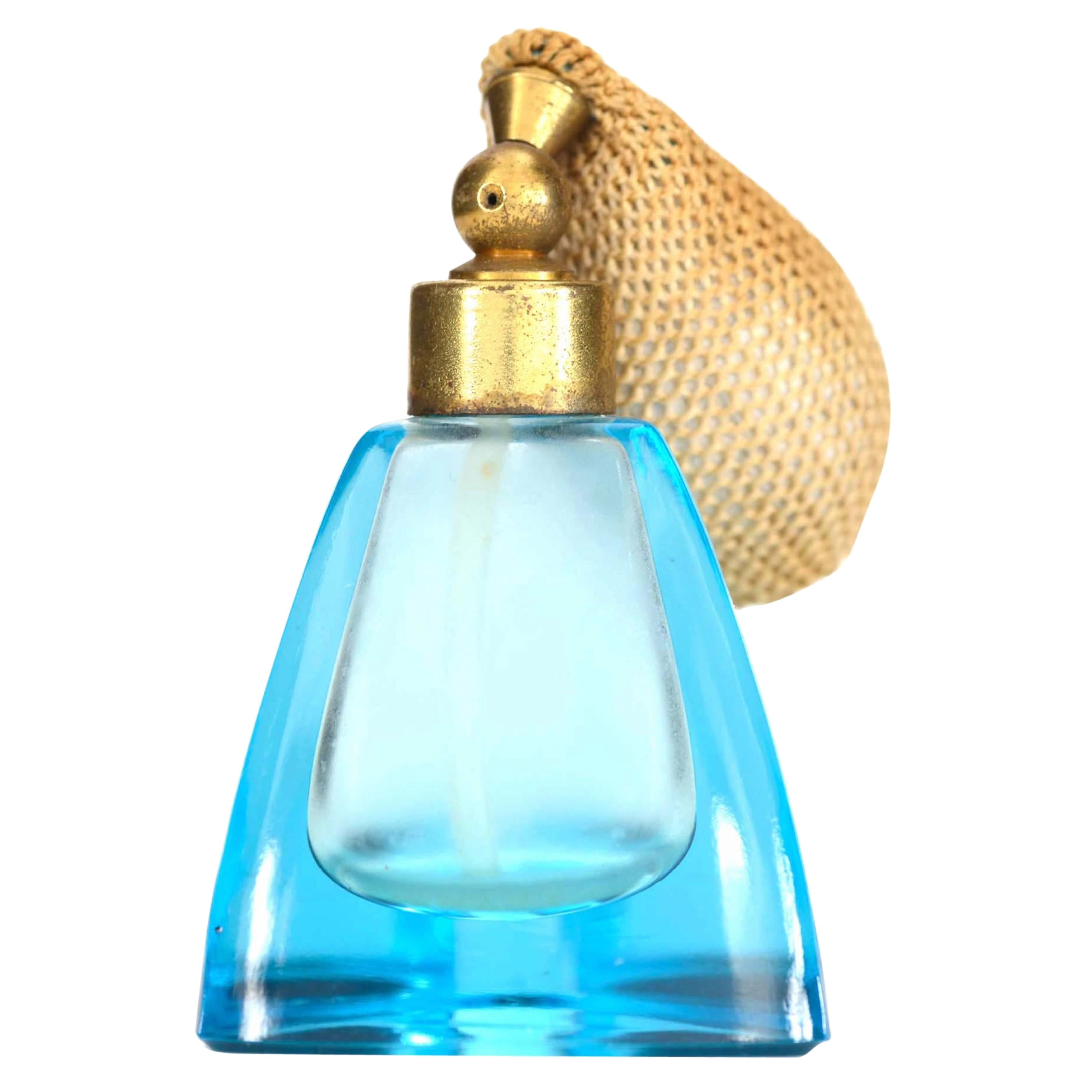 French Art Deco Blue Glass Perfume Atomizer