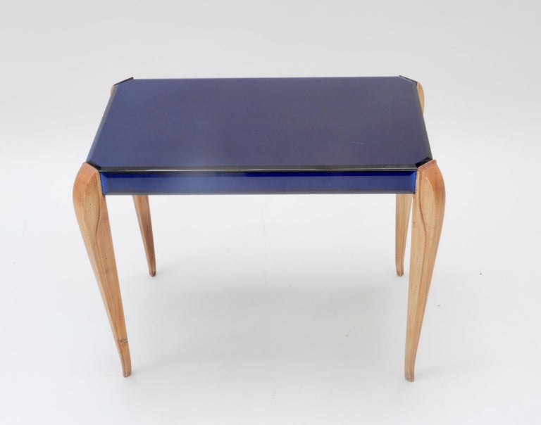 French Art Deco Blue Glass Side Table with Wood Legs For Sale at 1stDibs