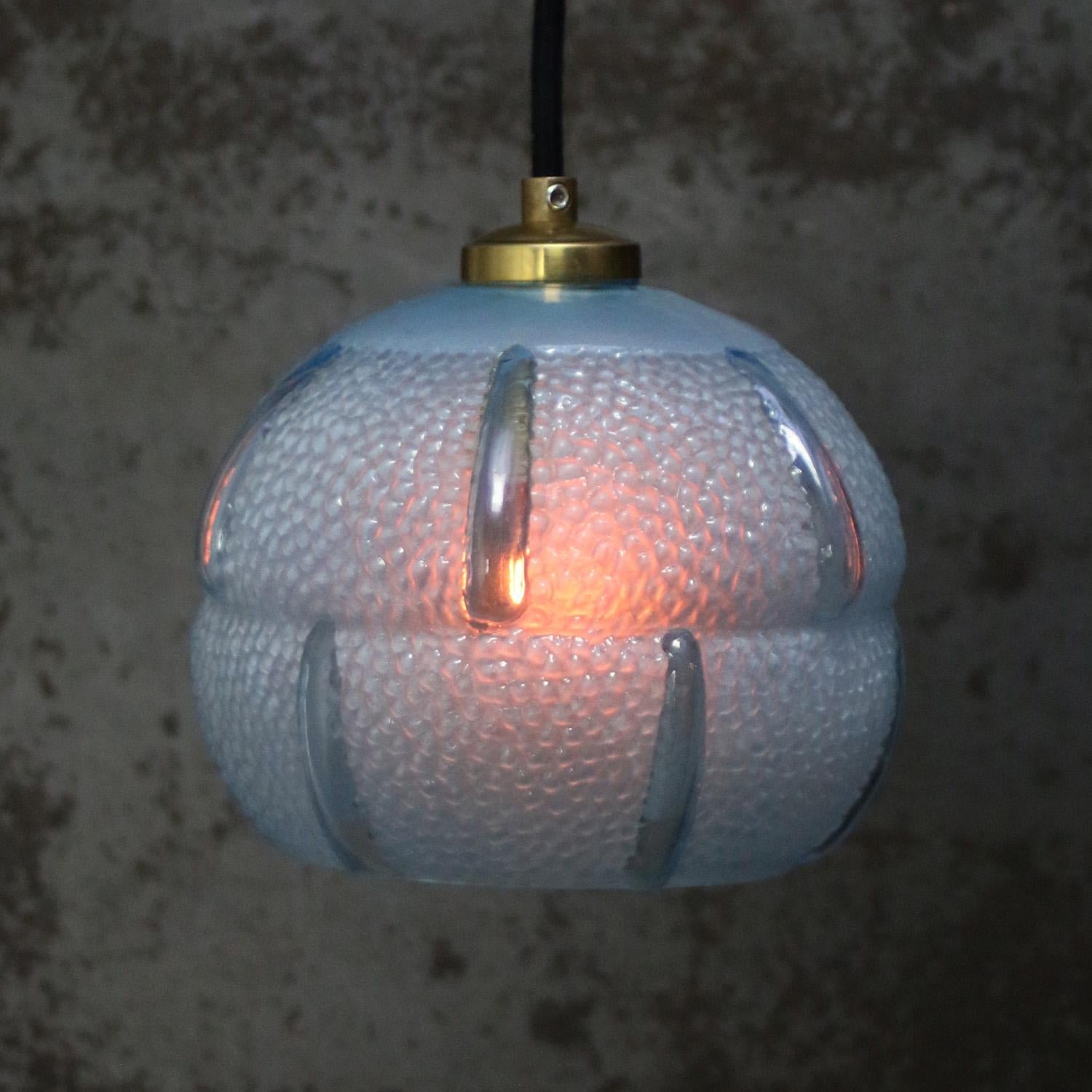French blue coloured glass pendant lamp
Brass glass holder

Weight : 0.45 kg / 1 lb

E14 bulb holder. Priced per individual item. All lamps have been made suitable by international standards for incandescent light bulbs, energy-efficient and LED