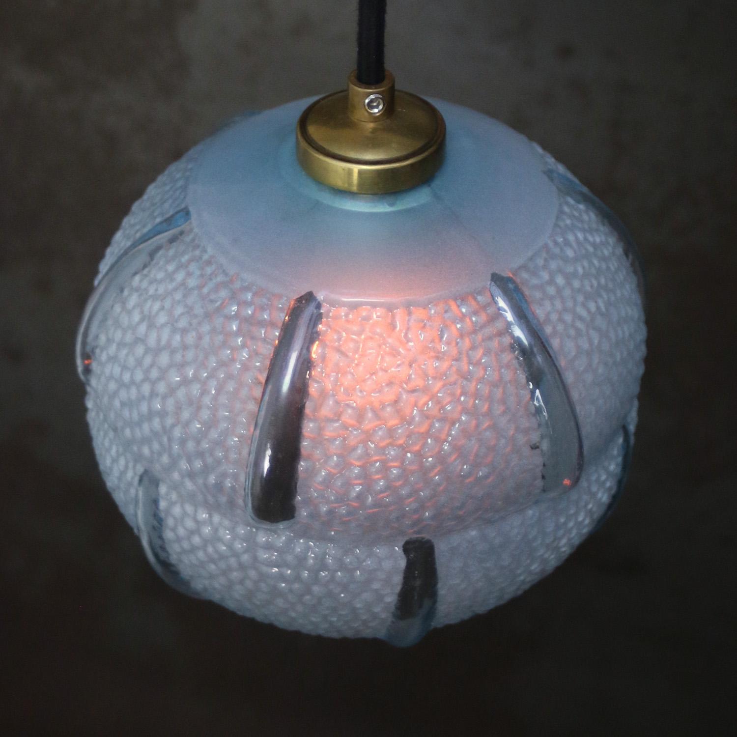 Art Déco French Art Deco Blue Reeded Glass Pendant Lamps in vendita