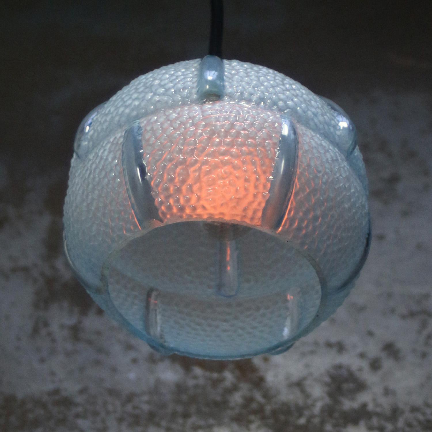 Francese French Art Deco Blue Reeded Glass Pendant Lamps in vendita