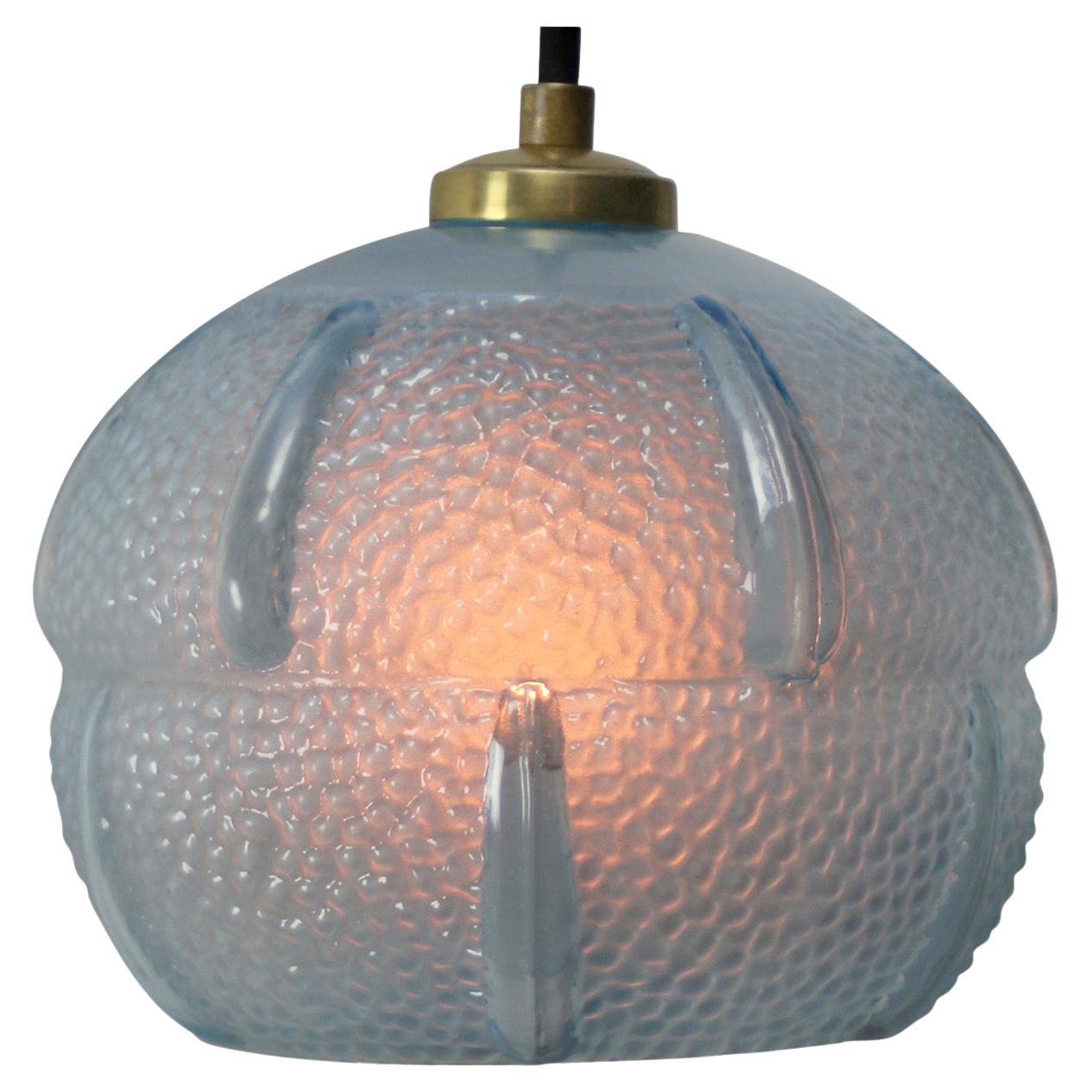 French Art Deco Blue Reeded Glass Pendant Lamps