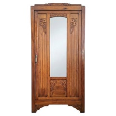 French Art Deco Bonnetiere Armoire, Carved Hardwood, Mirror Door, 1930s