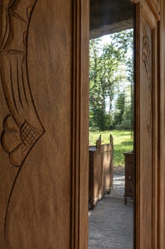 French Art Deco Bonnetiere, Solid Wood and Mirror, Carved Florals, 1930s